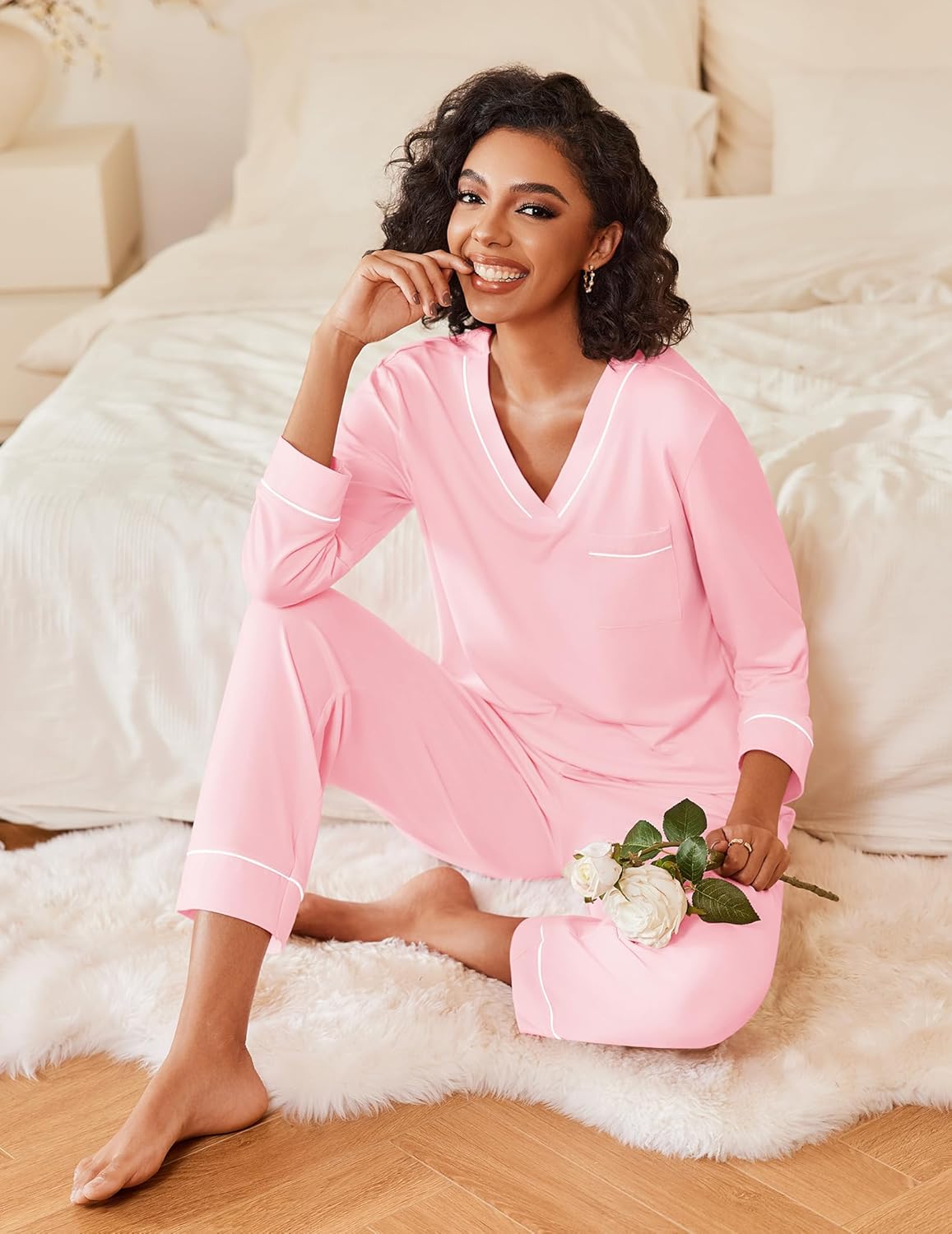 Ekouaer Women's Pajamas Sets 2 piece PJs V Neck Long Sleeve Sleepwear Comfy Pants Loungewear with Pocket - Image 5