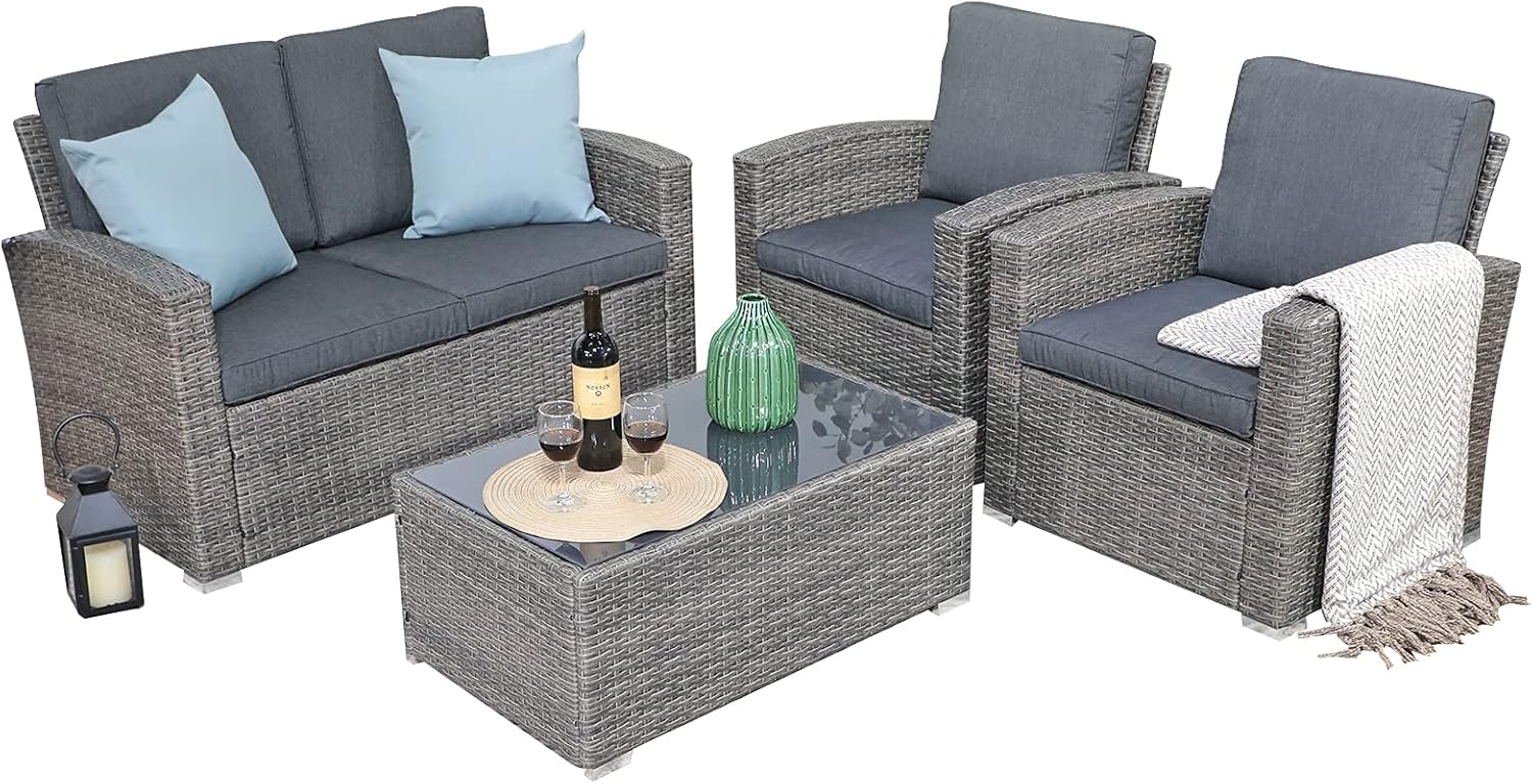 JOIVI Patio Furniture Set, 4 Piece Outdoor Patio Conversation Set, All-Weather PE Rattan Wicker Sectional Patio Sofa Set with Tempered Glass Coffee Table, Dark Gray : Patio, Lawn & Garden