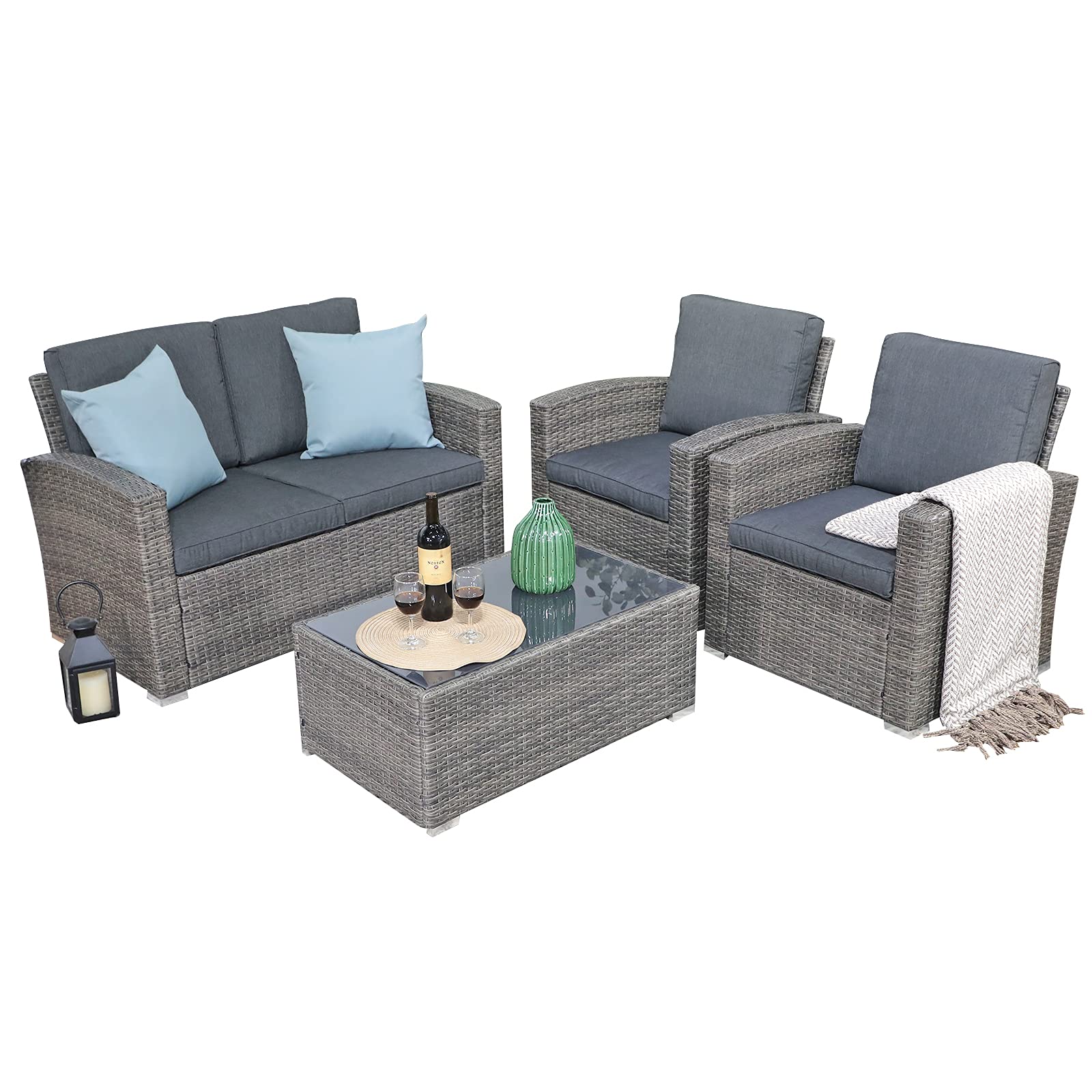 JOIVI Patio Furniture Set, 4 Piece Outdoor Patio Conversation Set, All-Weather PE Rattan Wicker Sectional Patio Sofa Set w...