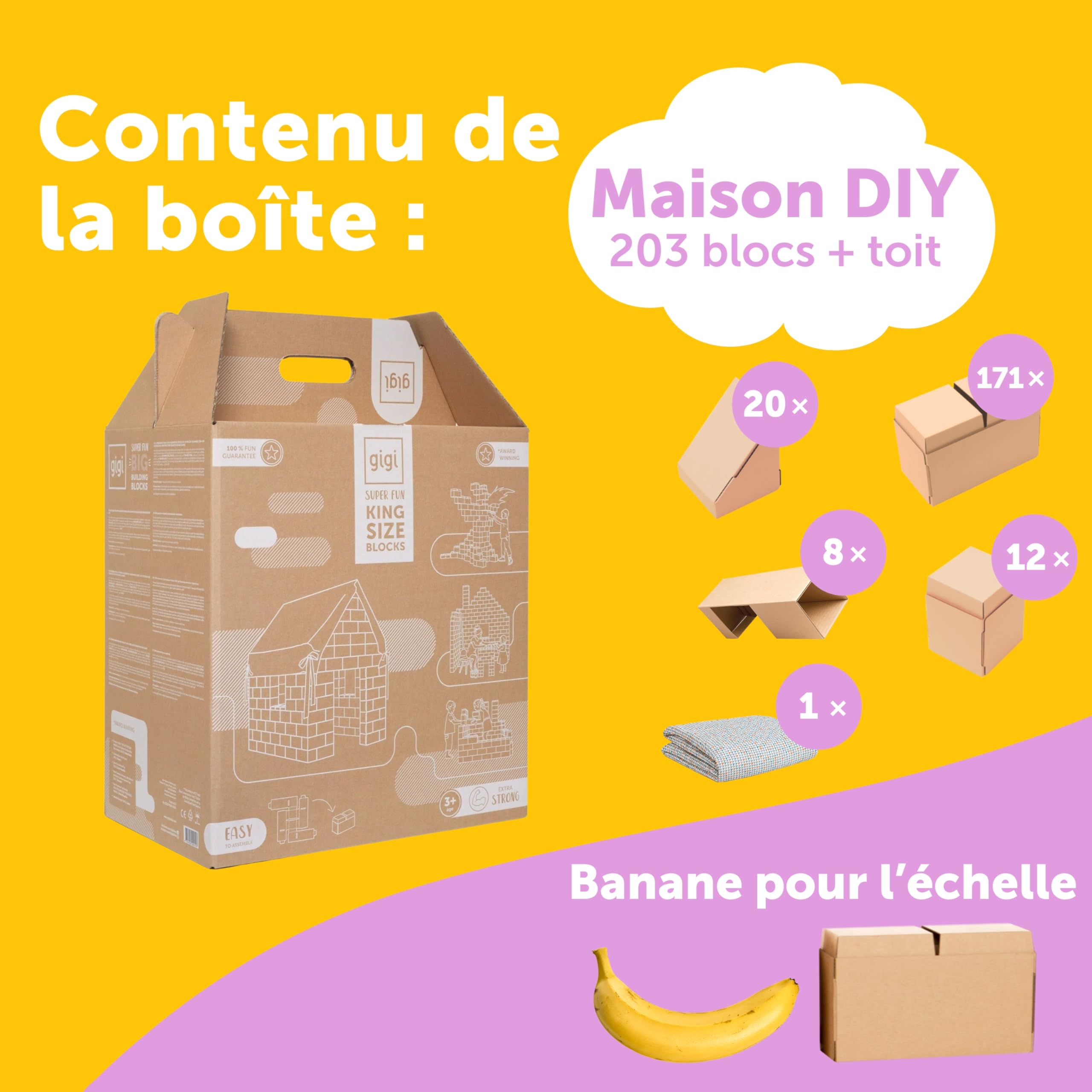 GIGI Bloks Cabane Enfant Interieure | Kit de Construction pour Cabane Carton avec 203 Bloc de Construction Enfant Empilables & Emboîtables | Maison Jouet Robuste & Facile à Assembler