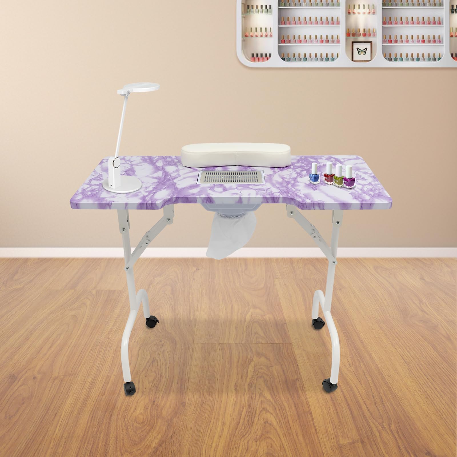 Tragbarer Nageltisch Faltbarer Maniküretisch mit Staubentferner, Mobilesmanikürtisch Maniküre Tisch für Zuhause, Studio, Friseurladen, Büro, Nagelstudio 95x48x72,5cm (Weiß, Lila)
