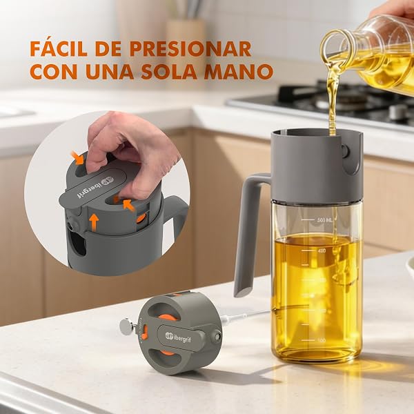 Ibergrif 2 en 1 Pulverizador de aceite 500ml – Aceitera spray con Interruptor, Vidrio de borosilicato, Antigoteo para Freidora de aire, Gris, M530 - 2