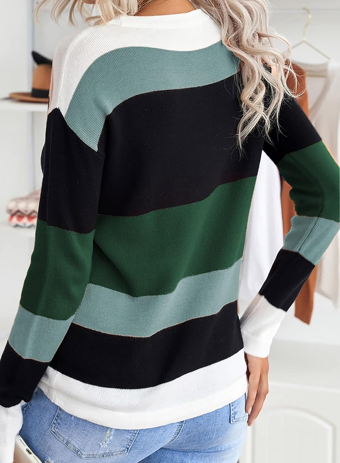 Dokotoo Womens Sweaters Striped Fall Winter Outfits 2025 Crewneck Drawstring Color Block Fashion Clothing