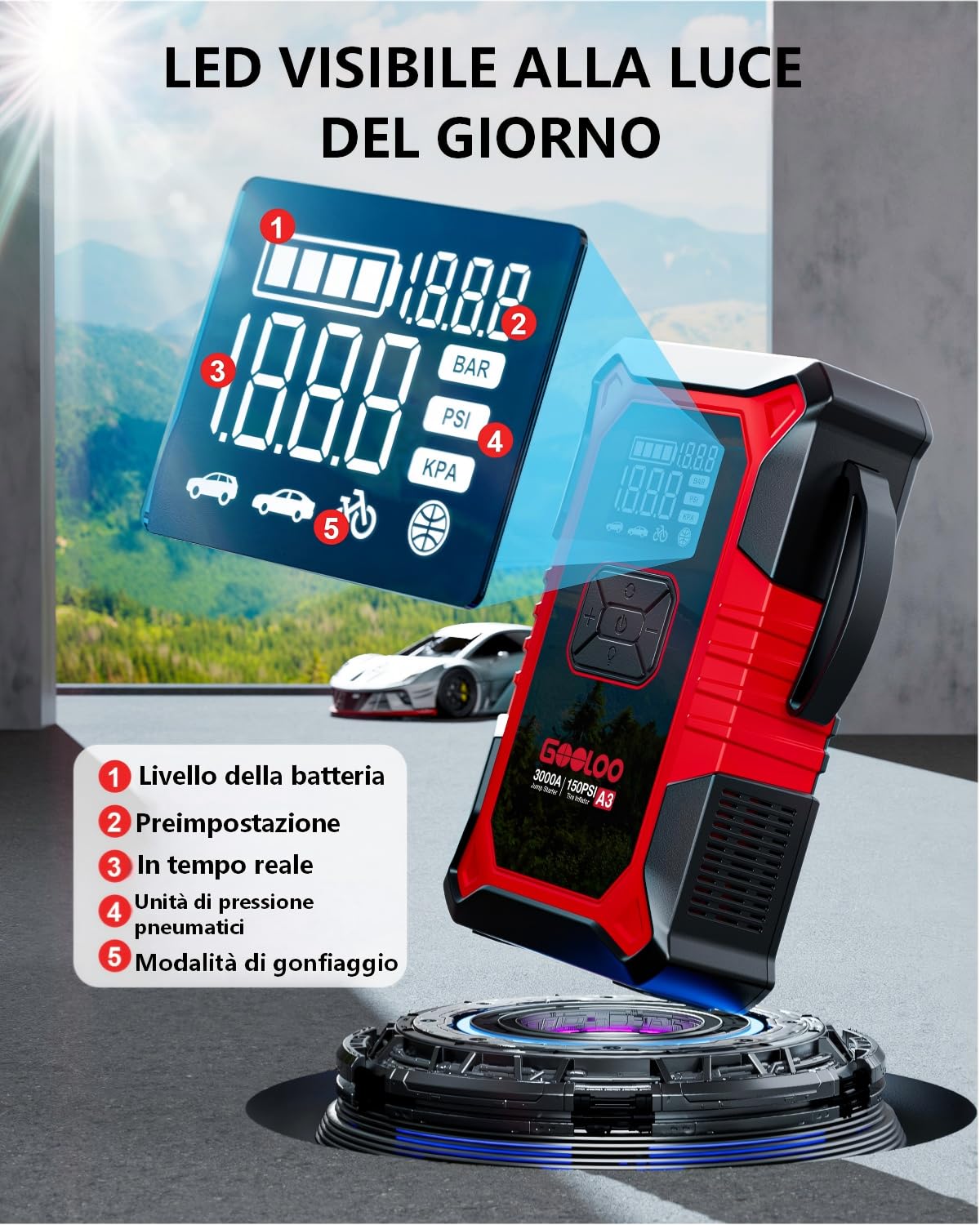 GOOLOO 3000A Avviatore Batteria Auto con Compressore, 150PSI Avviatore Emergenza per Auto con Torcia, Ricarica USB, avviatore batteria per auto (fino a 9.0L Gas/6.5L Diesel)