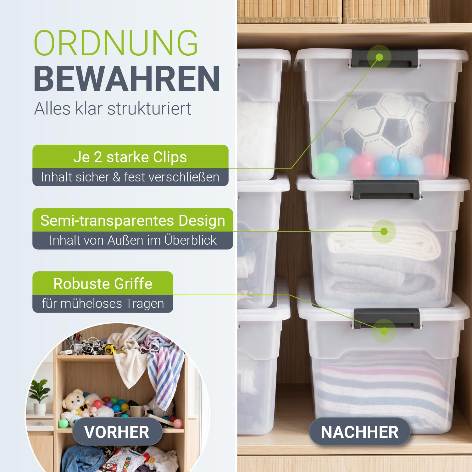 Juskys Aufbewahrungsbox mit Deckel - 6er Set Kunststoff Boxen 60l - Box groß, stapelbar, transparent - Aufbewahrung Ordnungssystem Aufbewahrungsboxen