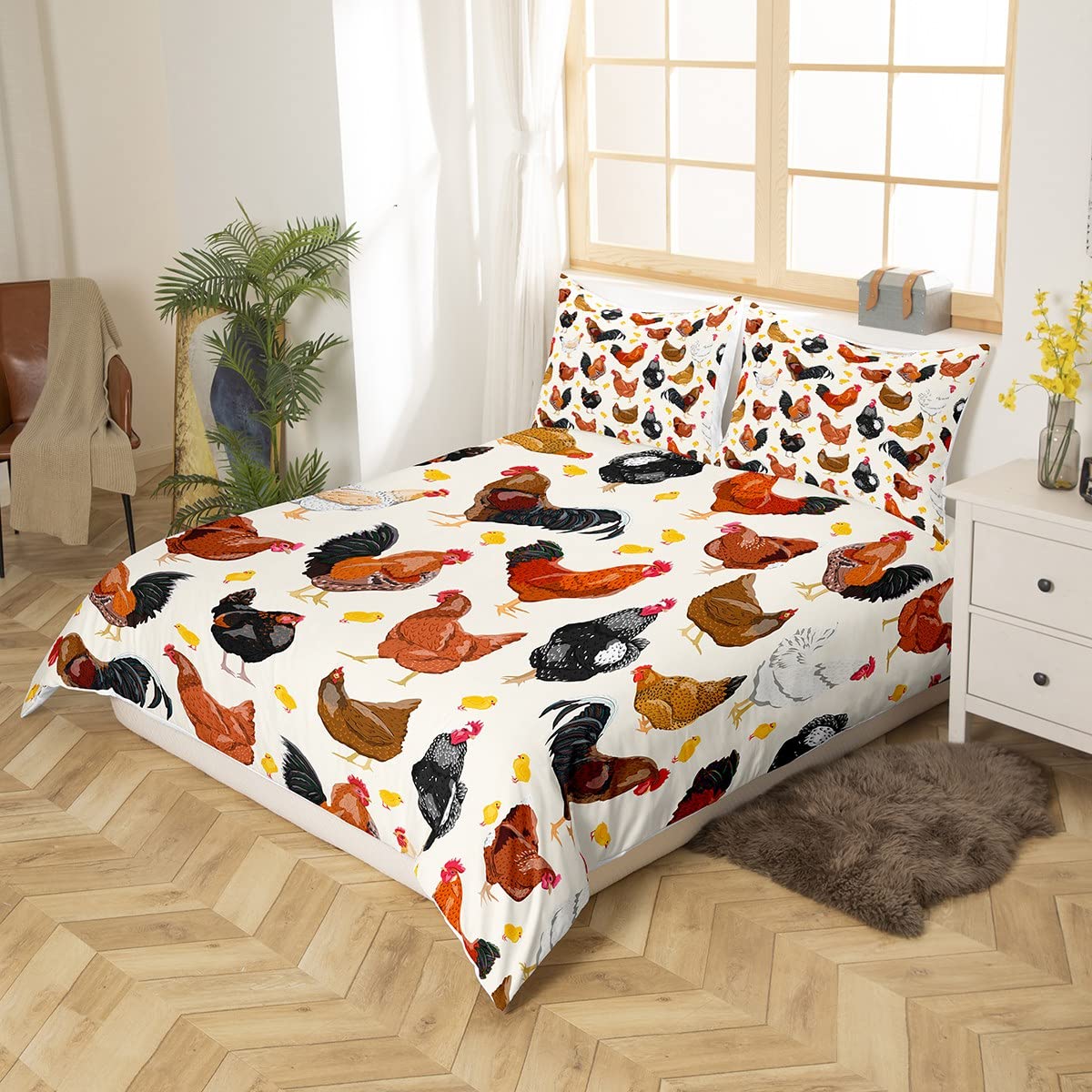 Loussiesd Chicken Bedding Set Cute Chicken Pattern Duvet Cover for Boys Girls Children 3D Animals Theme Bed Cover Room Decor Bedding Bedclothes 2Pcs Single - Image 4