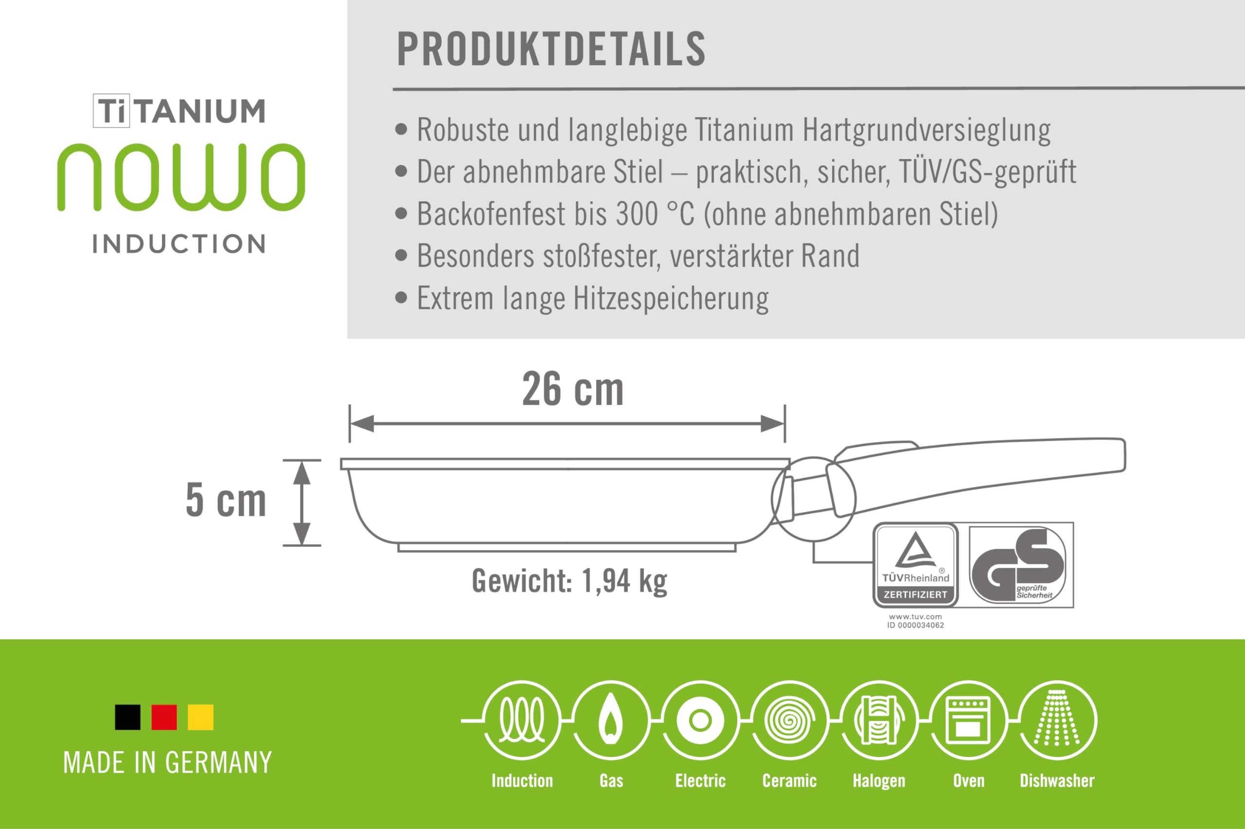 Woll Nowo Titanium patelnia płaska – indukcyjna, Ø 26 cm, wysokość 5 cm, ze zdejmowanym trzonkiem, nadaje się do wszystkich rodzajów kuchenek, odlew aluminiowy, powłoka zapobiegająca przywieraniu