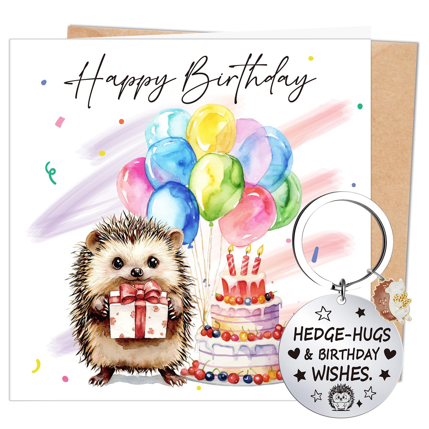 Eiapadeor Funny Hedgehog Birthday Card Gift - Watercolour Hedgehogs Happy Birthday Greeting Card with Keychain Hedgehog Gifts for Men Women Him Her Animal Lover — image 1