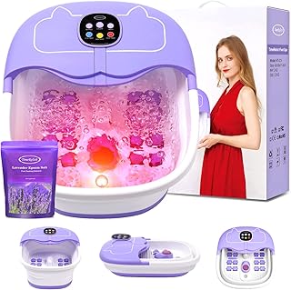 TimeRelish Foot Spa Bath Massager with Heat Bubbles and Massage and Jets, Pedicure Foot Spa Tub for Soaking Feet, Collapsible Foot Spa Bath Bucket with 16OZ Foot Soak Tub Lavender Epsom Salt – Purple