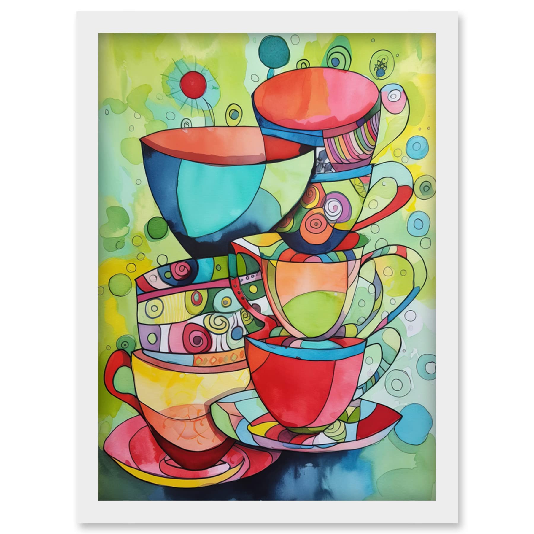 Abstract Tea Cups Folk Art Framed Wall Art Print A4 - Artery8