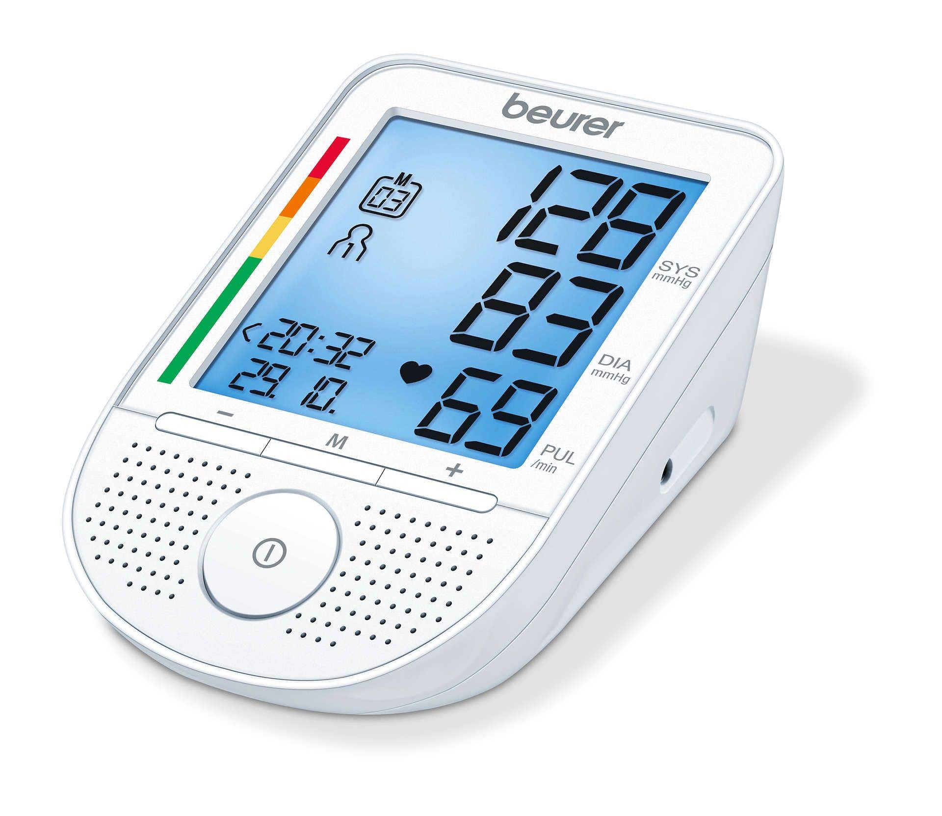 Beurer BM49 Tensiómetro de Brazo con Voz, Gran Pantalla LCD XXL, Volumen Ajustable, Detección Arrítmia, Botón Táctil, 2 X 60 Mediciones de Memoria, Color Blanco