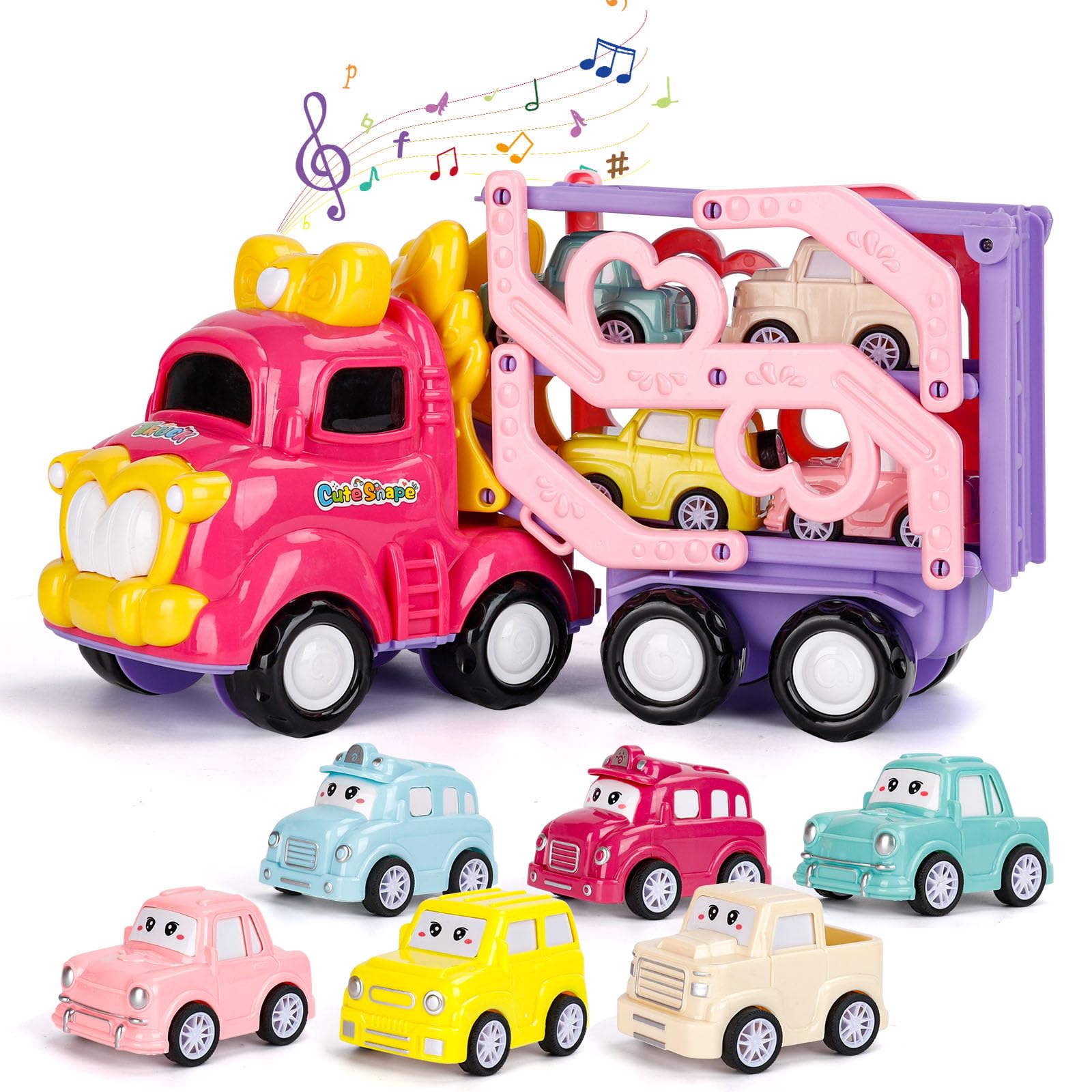 YGNNXRN Camion Macchinine per Bambini 1 2 3 anni, 7 in 1 Camion Giocattolo per Bambini 1-3 Anni con Suoni e Luci Camion da Trasporto a 3 Strati per Bambini, Bambine e Ragazze, Regalo di Compleanno