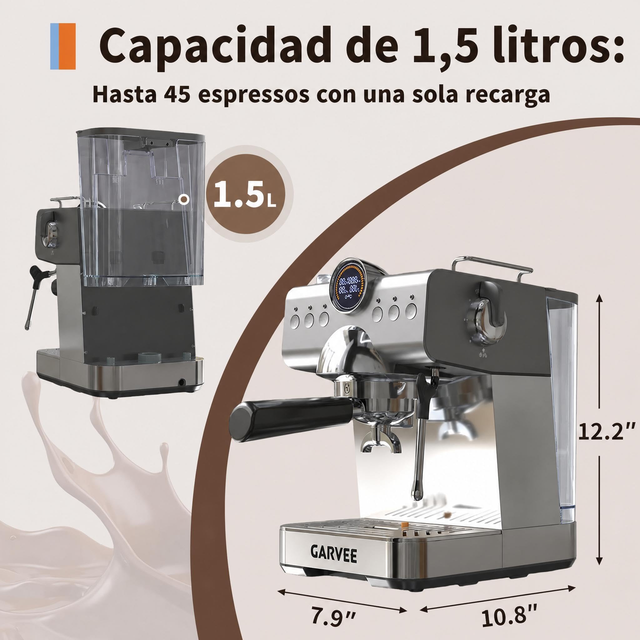 GarveeLife Cafetera Expreso Semiautomática 20 Bares con Vaporizador de Leche - Depósito 1,5L Thermoblock - Ideal para Uso Doméstico, Capuchino y Latte