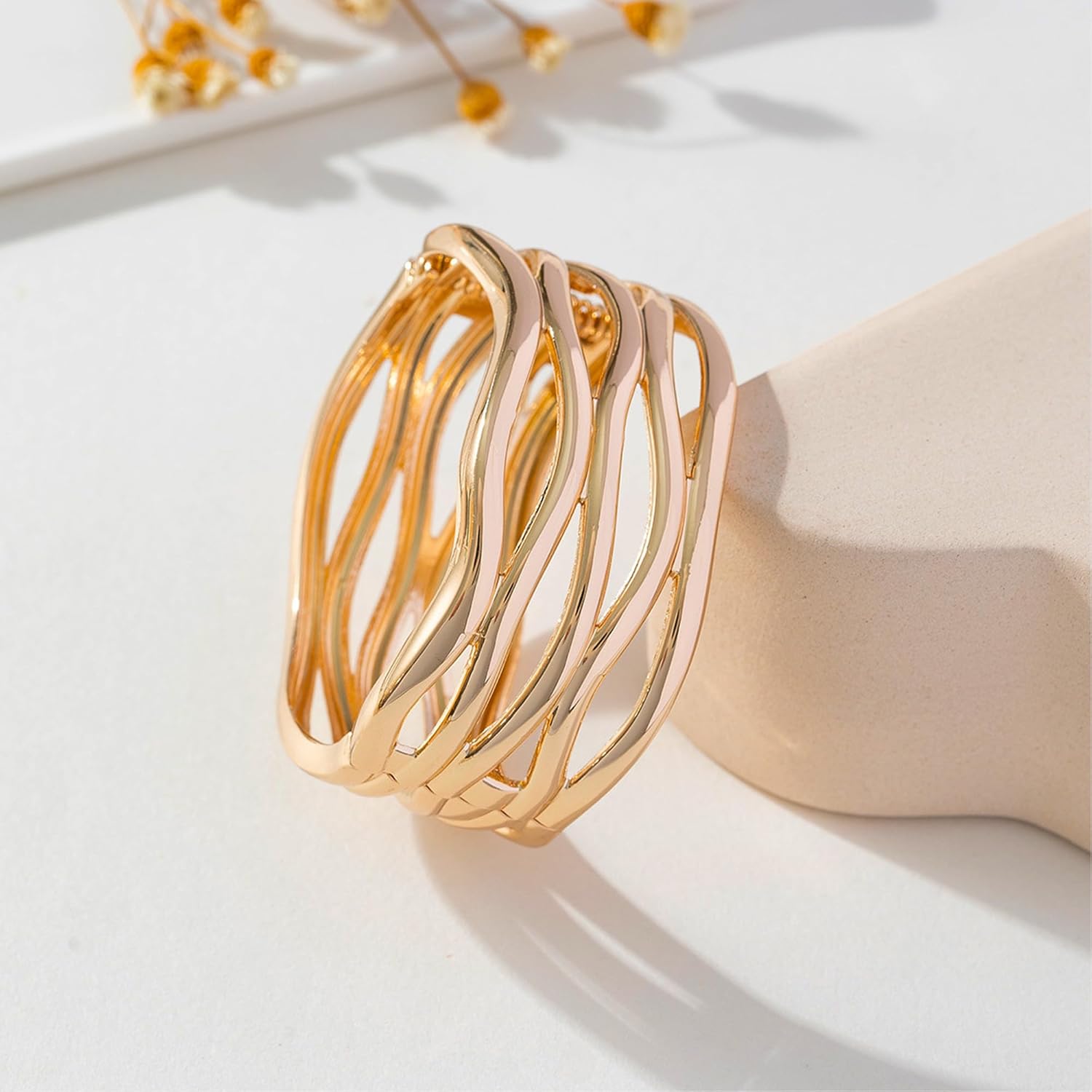 18K Gold Plated Chunky Bangle Bracelets for Women Trendy No-tarnish Open Bangles Irregular Minimalist Geometric Arm Cuff Bracelet Jewelry Gift For Mom and Girlfriend - Image 7