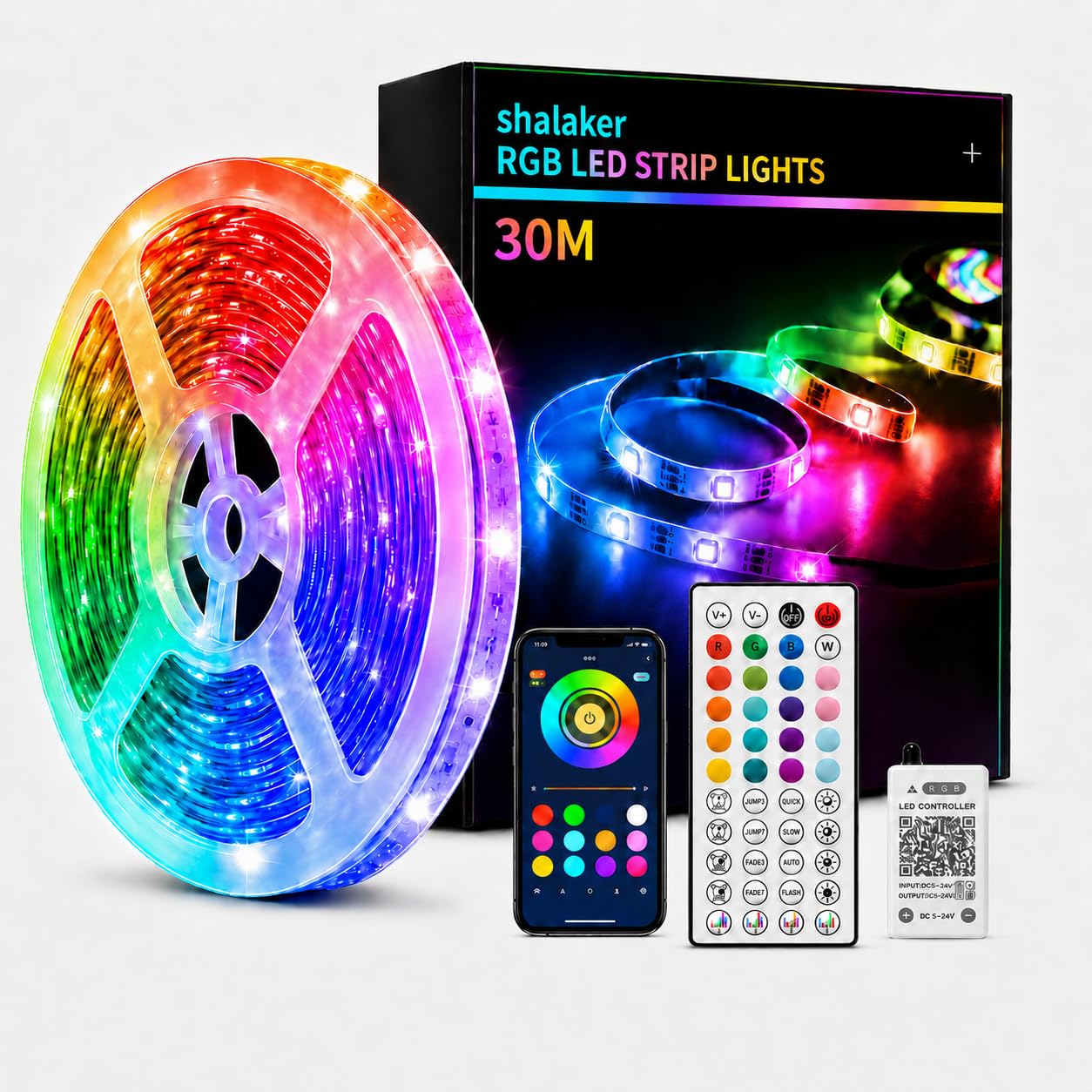 shalaker 30M RGB LED Strip Lights for Bedroom, Music Sync Colour Changing LED Light with Bluetooth App & Remote, 16M Colours, Dimmable, Timing Mode, Self-Adhesive for Home Party Kitchen Decor