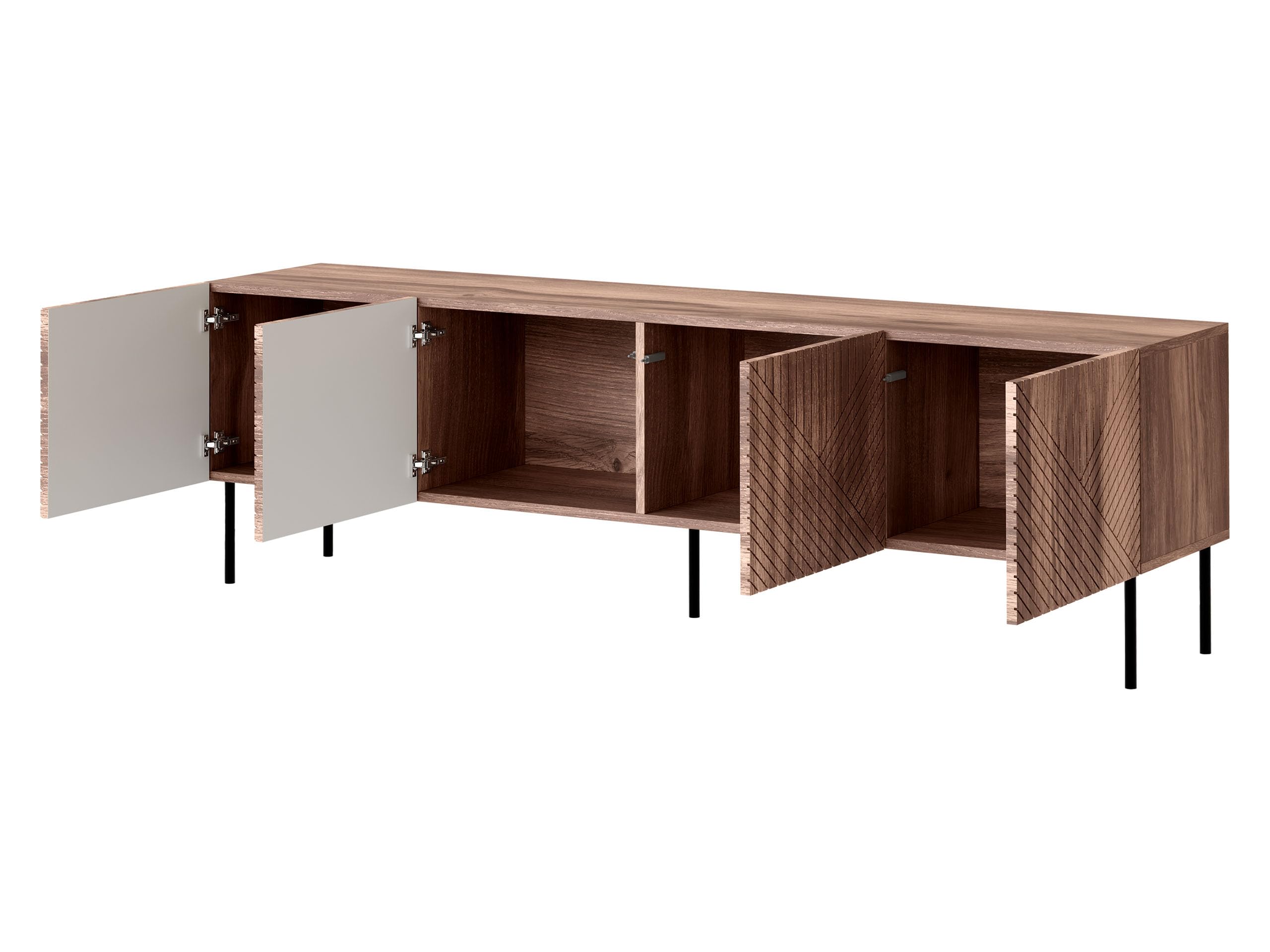 Mirjan24 Wohnzimmer-Set Aropo I, Wohnzimmerschrank, gefräster Front, Griffloses Öffnungssystem, Kommode mit 3 Türen, 6 Fächer, TV-Lowboard mit 4 Türen und 4 Fächer, Couchtisch (Nuss Warmia)