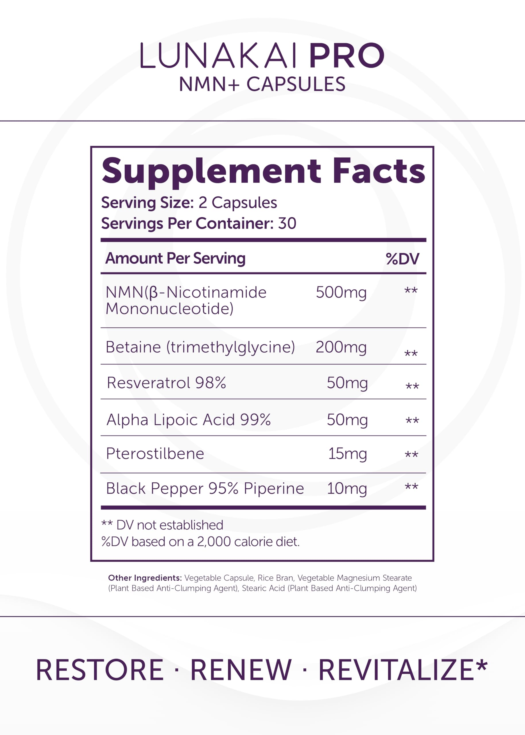 Lunakai USA Made 99% Pure NMN Supplement 500mg with Resveratrol & TMG, 60ct — Amazon image 2
