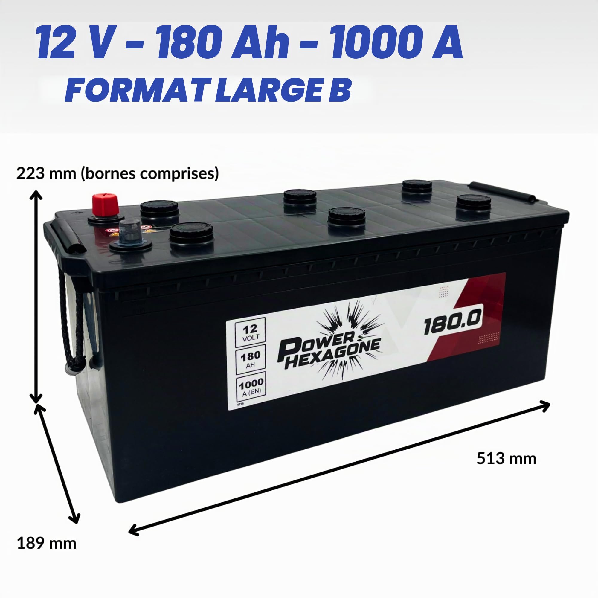Batterie 12V 180Ah B - Démarrage 1100A - Batterie Poids Lourd Sans Entretien - Format B Compatible Camion, Engin, Tracteur - Remplacement Origine constructeur - Power Hexagone