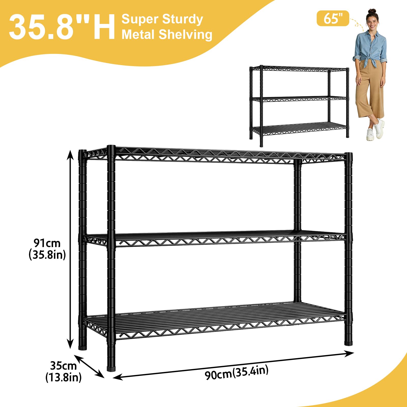 Estante Metálico de 3 Niveles,Ajustable,35.6x14x36,Negro | Estantería Resistente Para Cocina, Despensa, Garaje, Baño ,Cina, Despensa, Garaje, Baño