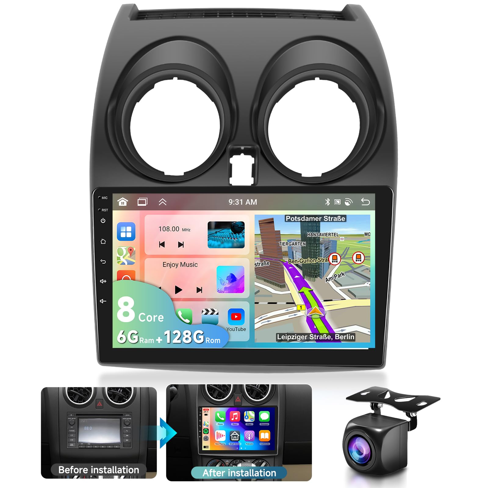 6G&128G 8 núcleos VECHTEL 9" Radio de Coche para Nissan Qashqai J10 2006-2016(con Pantalla de Navi) con Carplay Android Auto,Android 15,Bluetooth,Radio RDS/FM,GPS Wi-Fi,cámara de visión AHD