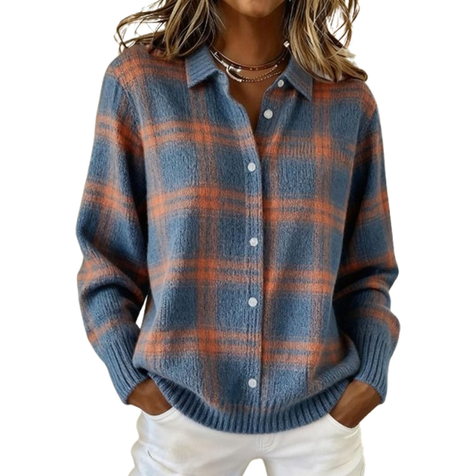 Women's Plaid Cardigan Sweater Cotton Button Up Knit Top Casual Checkered Print Cropped Shirt Collar Winter Soft