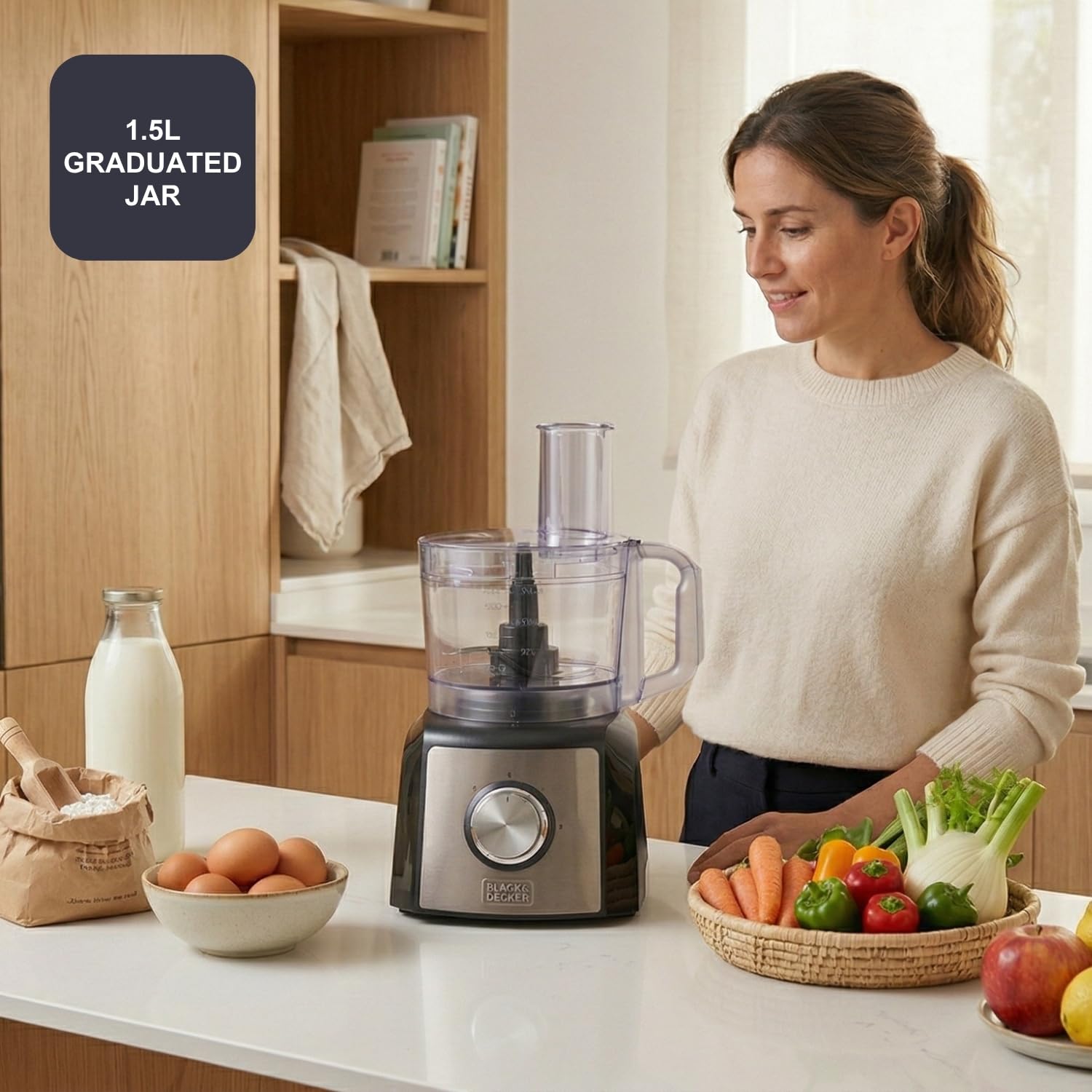 BLACK+DECKER – Procesador De Alimentos BXFPA1200E | 1200W | Jarra 1.5L | 2 Velocidades + Turbo | +8 Accesorios | Inox Antihuellas | Cuchillas Y Discos INOX | BPA Free | Antideslizante