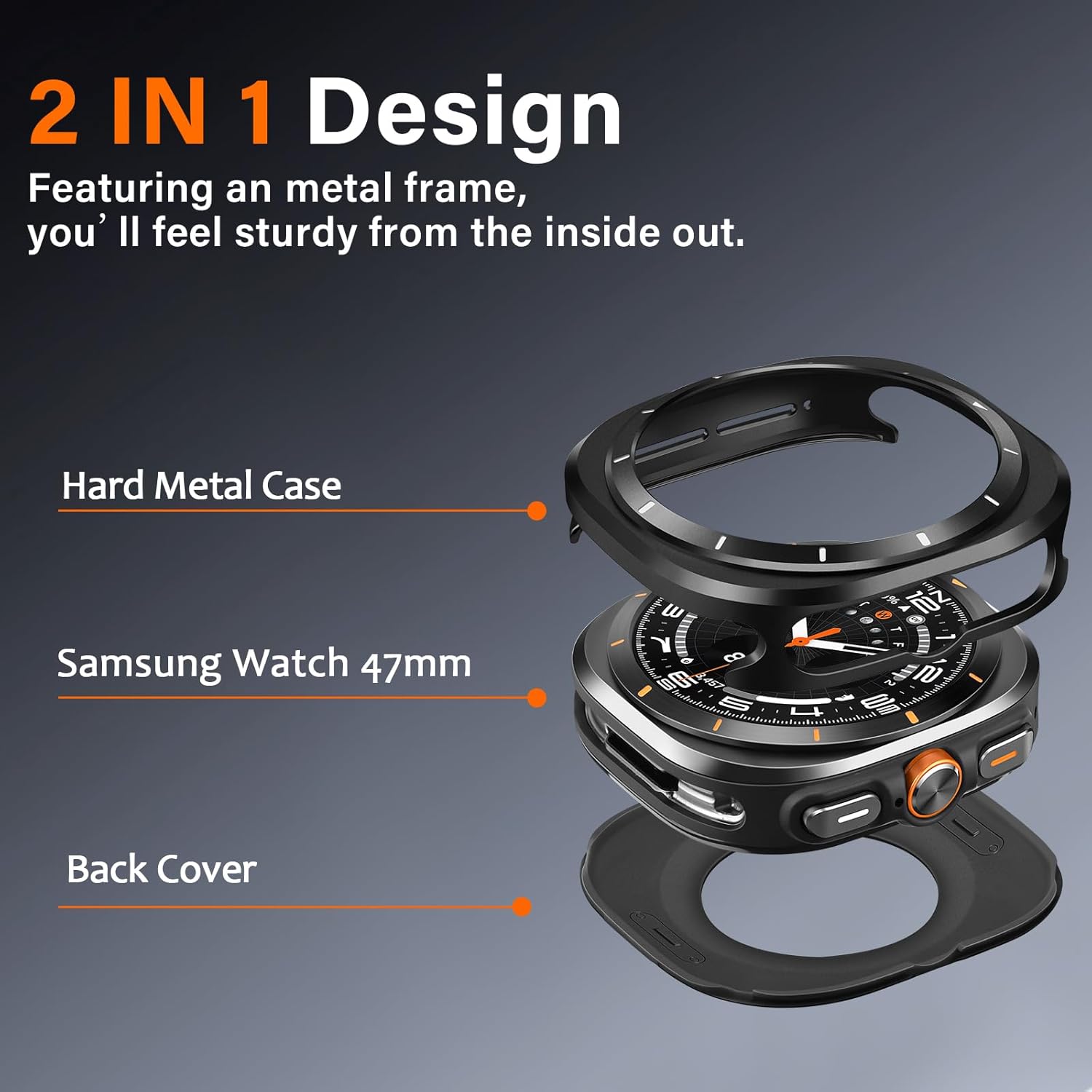 Amizee Rugged Case Compatible with Samsung Galaxy Watch Ultra (2025/2024) 47mm with Back Cover, Metal Bumper Ultra Thin Shockproof Protective Cover for Galaxy Watch 7/8 Ultra, Black/White - Image 4