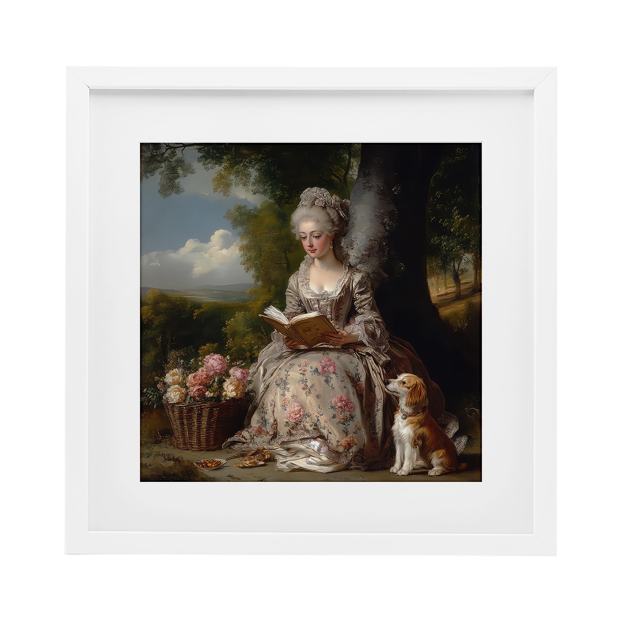 Stupell Industries Coastal White (Textured) 'Rococo Lady With Dog'| Framed Print Under Glass