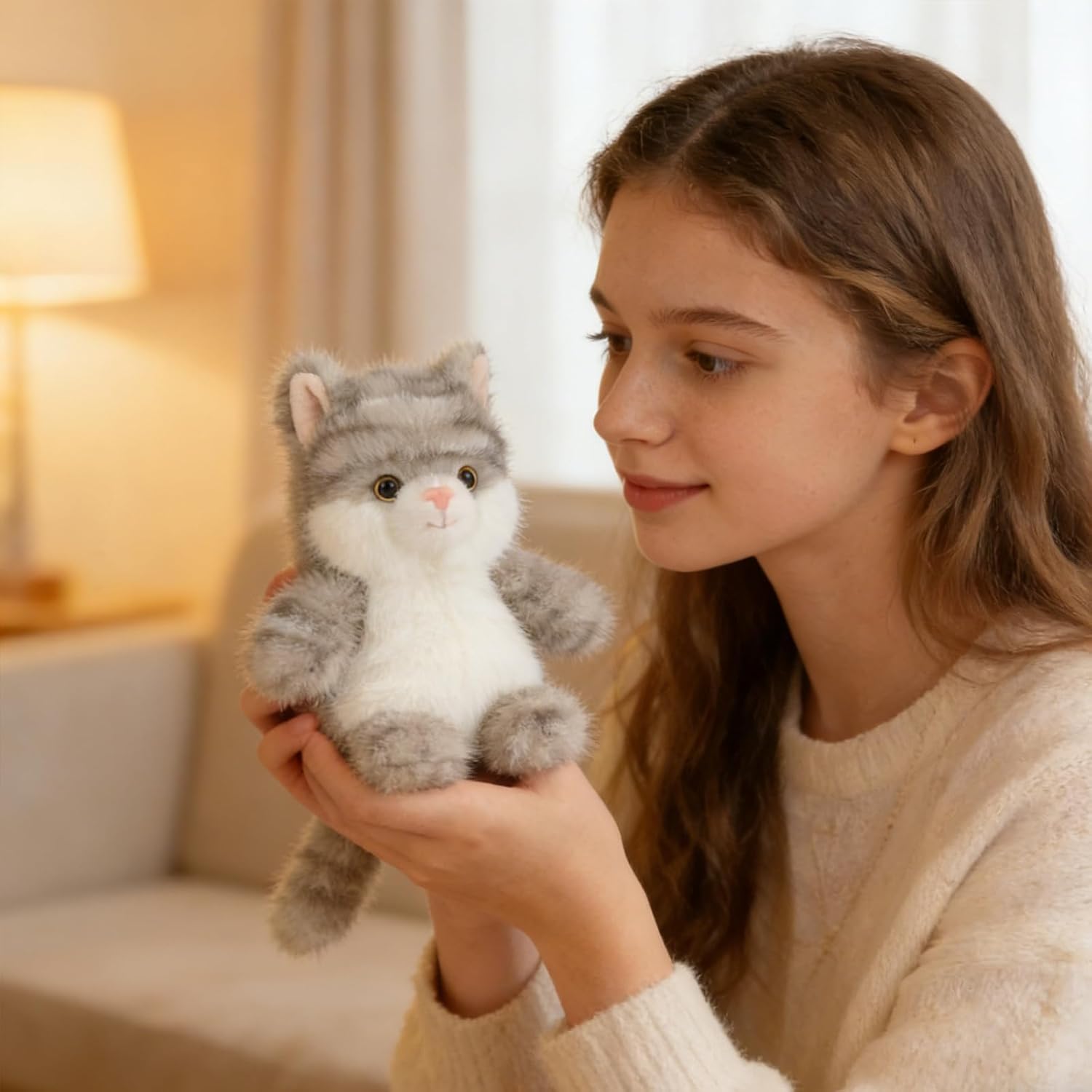 PEACH CAT Cat Stuffed Animal Cute Kitten Plushies Small Plush Toys Gifts for Kids Grey (Squeaky)