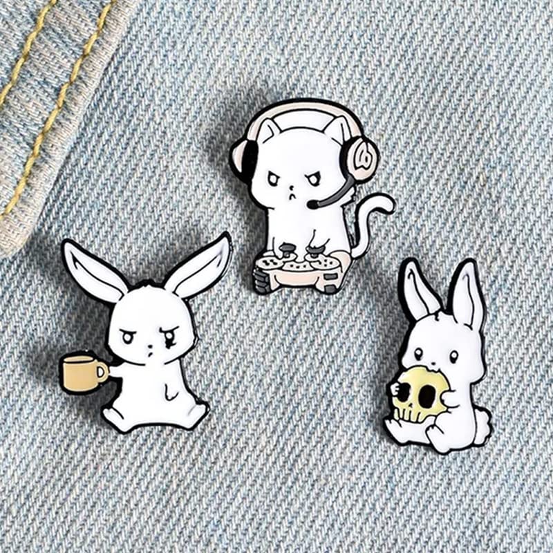 Image of Ximimark 3 PCS Funny Rabbit Lapel Pin Halloween Game Player Cute Animal Brooch Denim Jacket Decoration