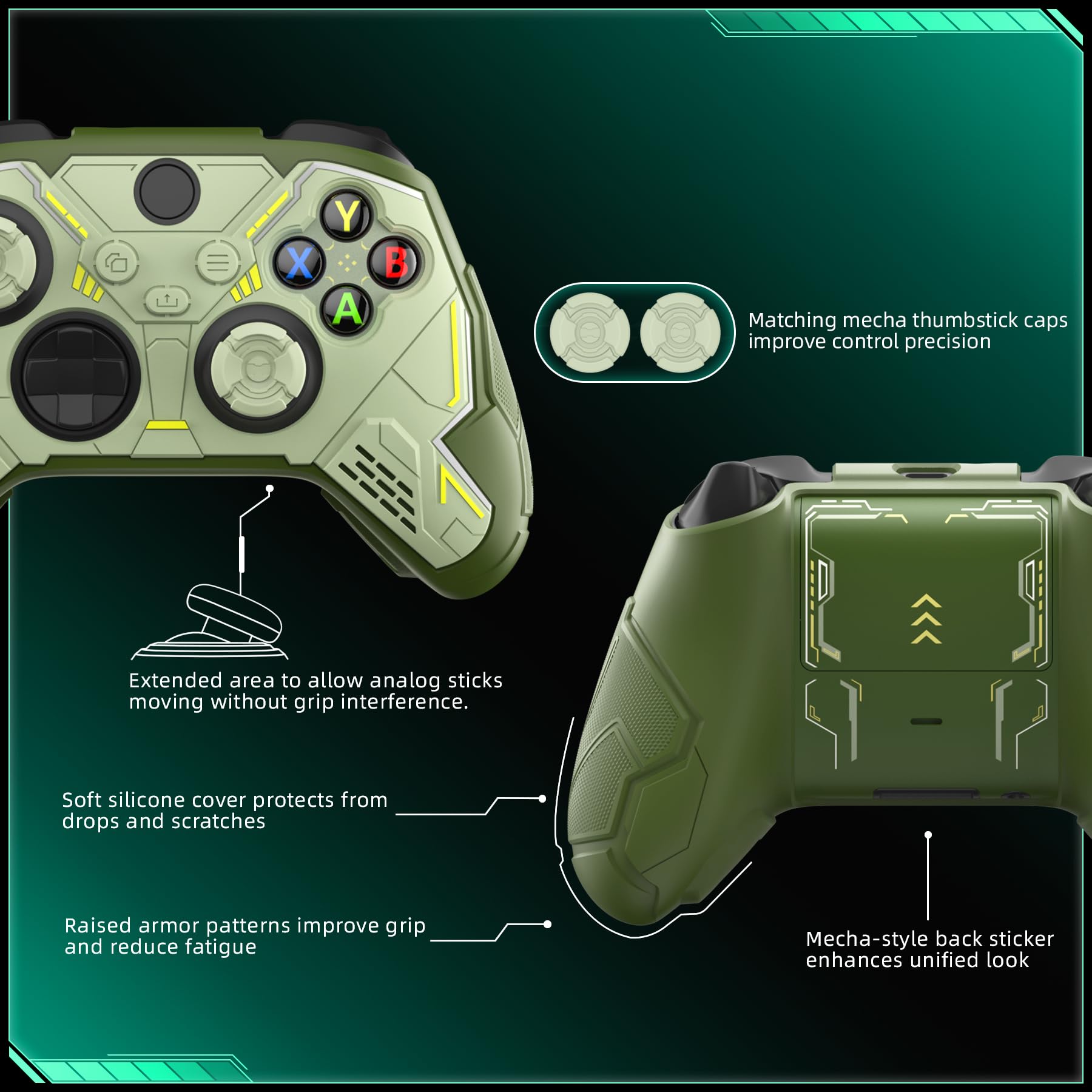 playvital Cover Controller per Xbox Series X/S Joystick, Custodia Silicone Case Grip Antiscivolo & Copri Levette Analogiche & Adesivi, Accessori Protettivi, Mecha Stellare-Verde
