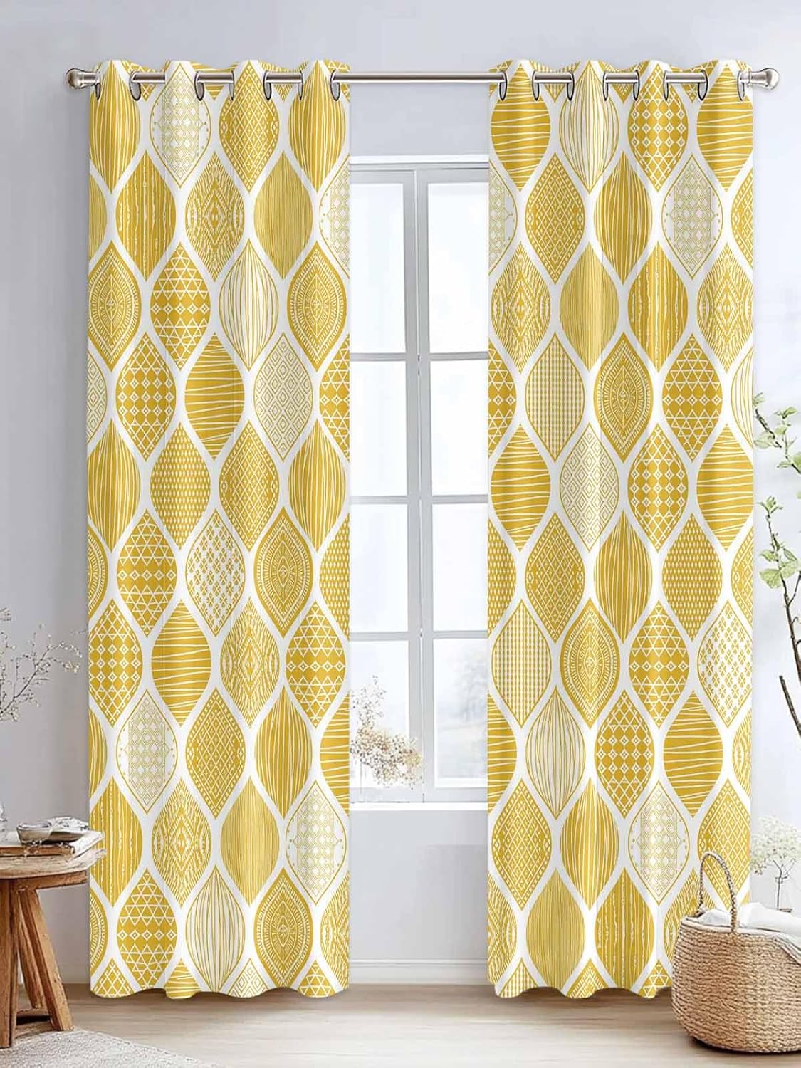 Grommet Top Window Curtains, Geometric Yellow Texture Durable Light Blocking Windows Drapes for Kitchen/Bedroom/Living Room, Window Treatments Curtain Set of 2 Panels 52x90 in