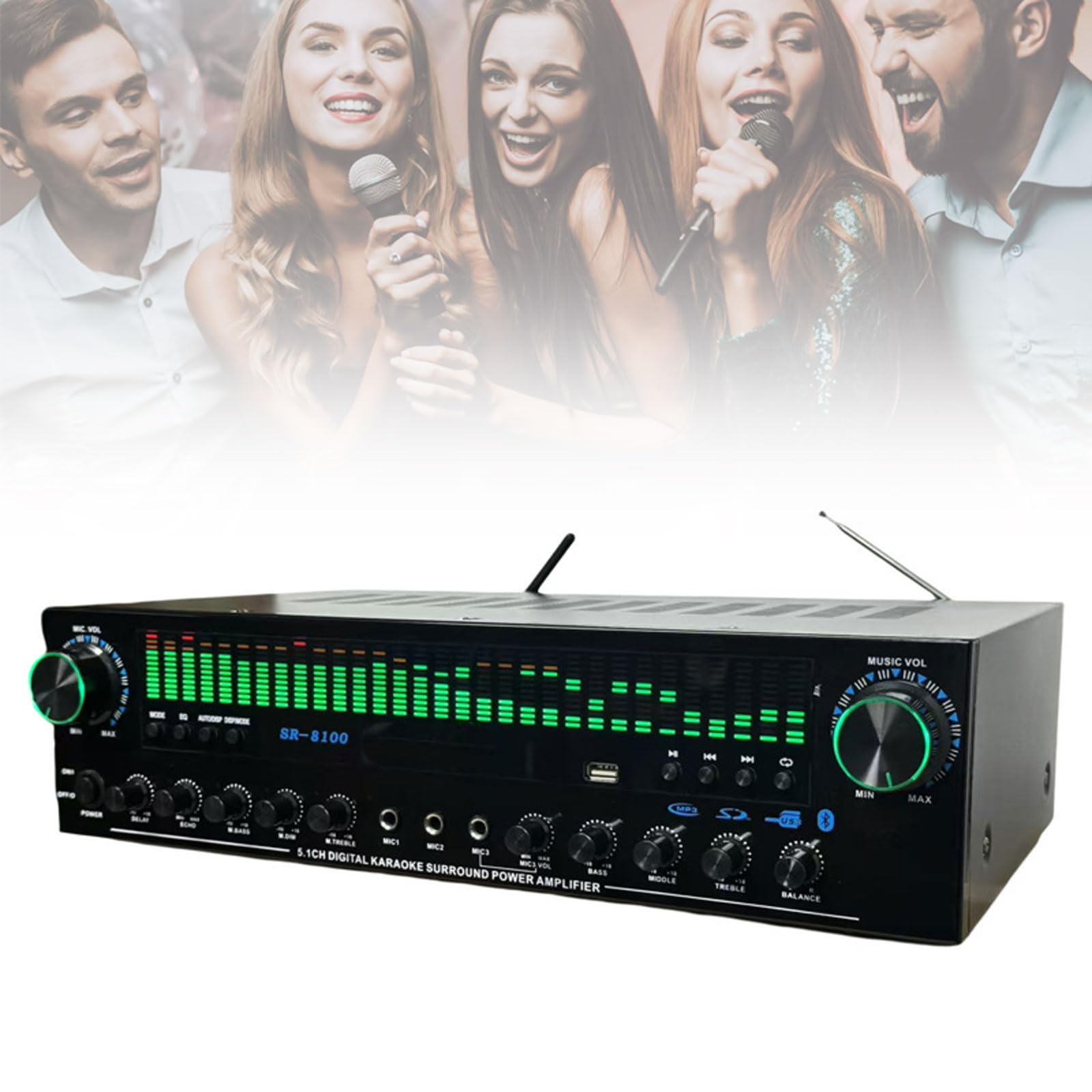 Wzmacniacz Bluetooth 1200 W, system wyrównania dźwięku stereo z 10 dynamicznymi spektrami wizualnymi, obsługa kart SD USB FM, do filmów, muzyki i gier