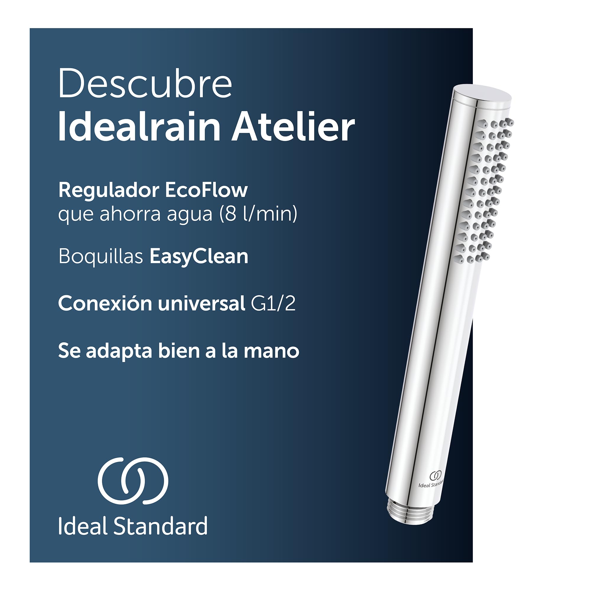 Ducha de mano Ideal Standard – Idealrain Atelier, ducha de mano de 1 función con diseño de barra, cabezal de ducha ahorrador de agua, rosca de conexión estándar G1/2, cromada