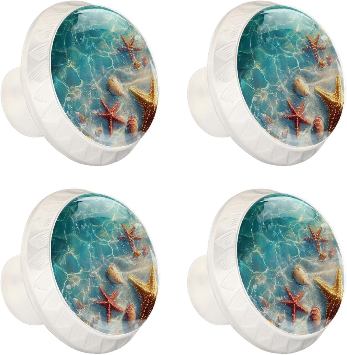 4 Pack White Cabinet Knobs, Starfish Seashell Beach Drawer Handles for Cabinets, Dresser, Cupboard, Bathroom, Bedroom, Kitchen Hardware Closet Door Knob