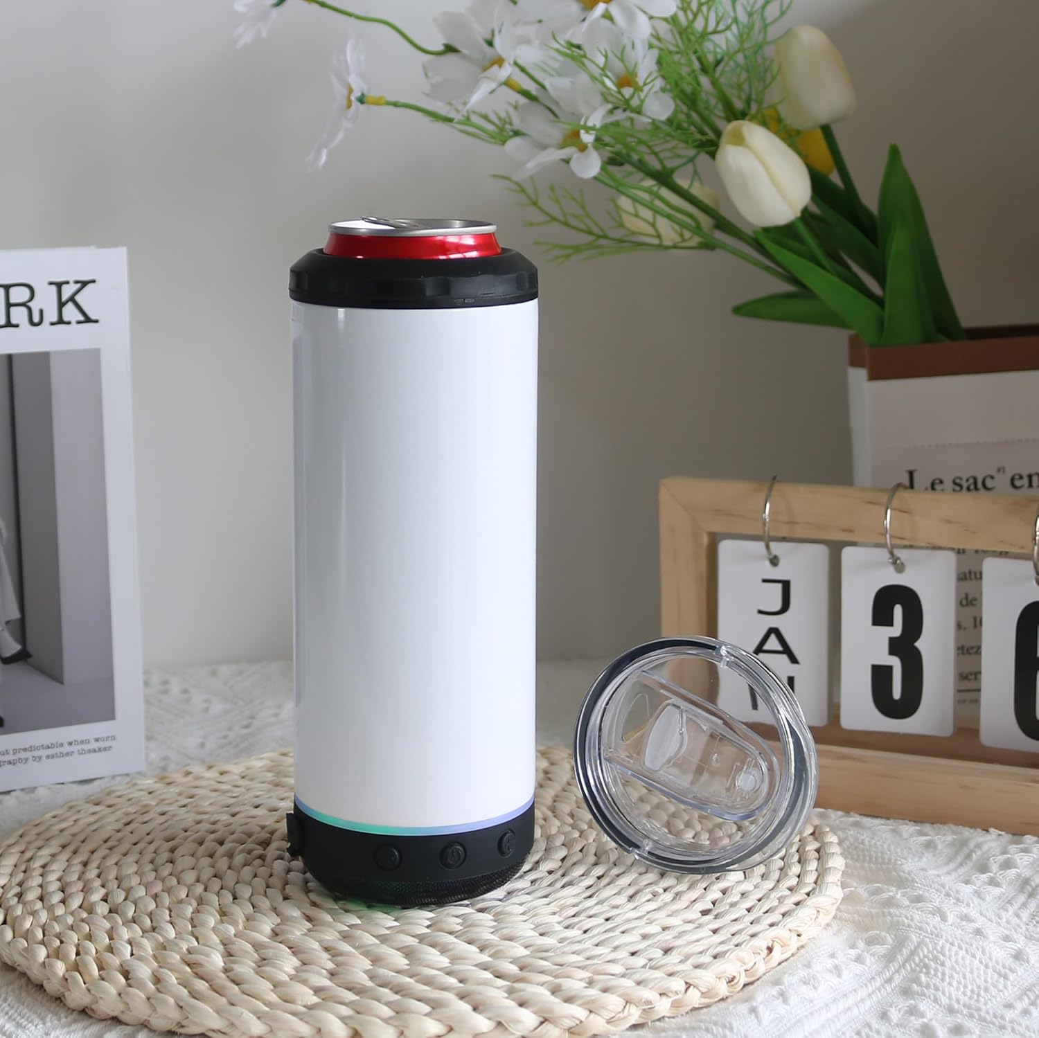 1 Pack 16oz Sublimation Music Bluetooth Tumbler Cup 4 in 1 Can Cooler with Speaker Stainless Steel Double Wall Vacuum Insulated Can Holder Beer Can Cooler (black) - Image 8