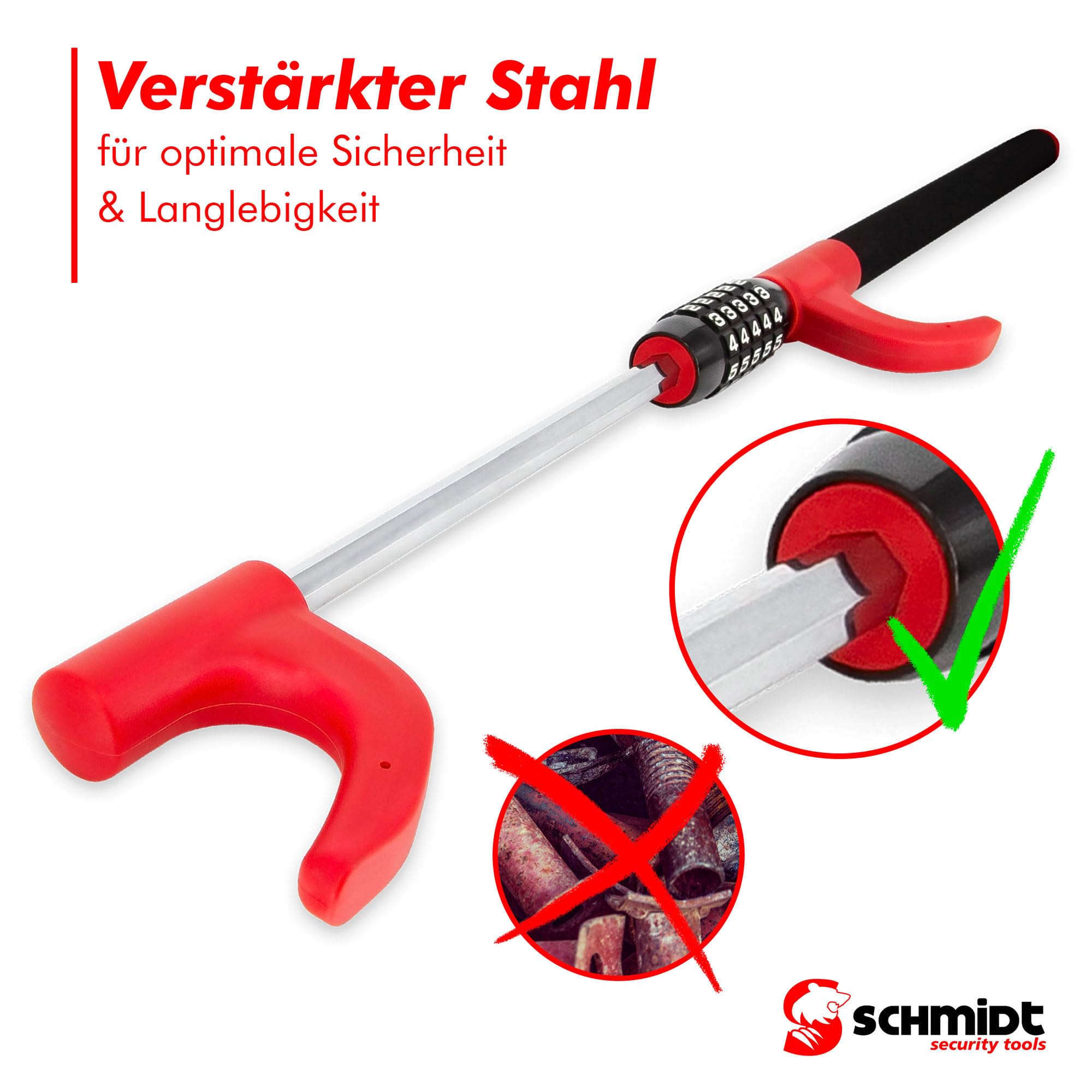 SCHMIDT security tools Lenkradkralle, Extra Langes Lenkradschloss, Wegfahrsperre, PKW Diebstahlschutz, Lenkradsperre mit schlüssellosem Zahlenschloss für Auto, Wohnmobil & LKW