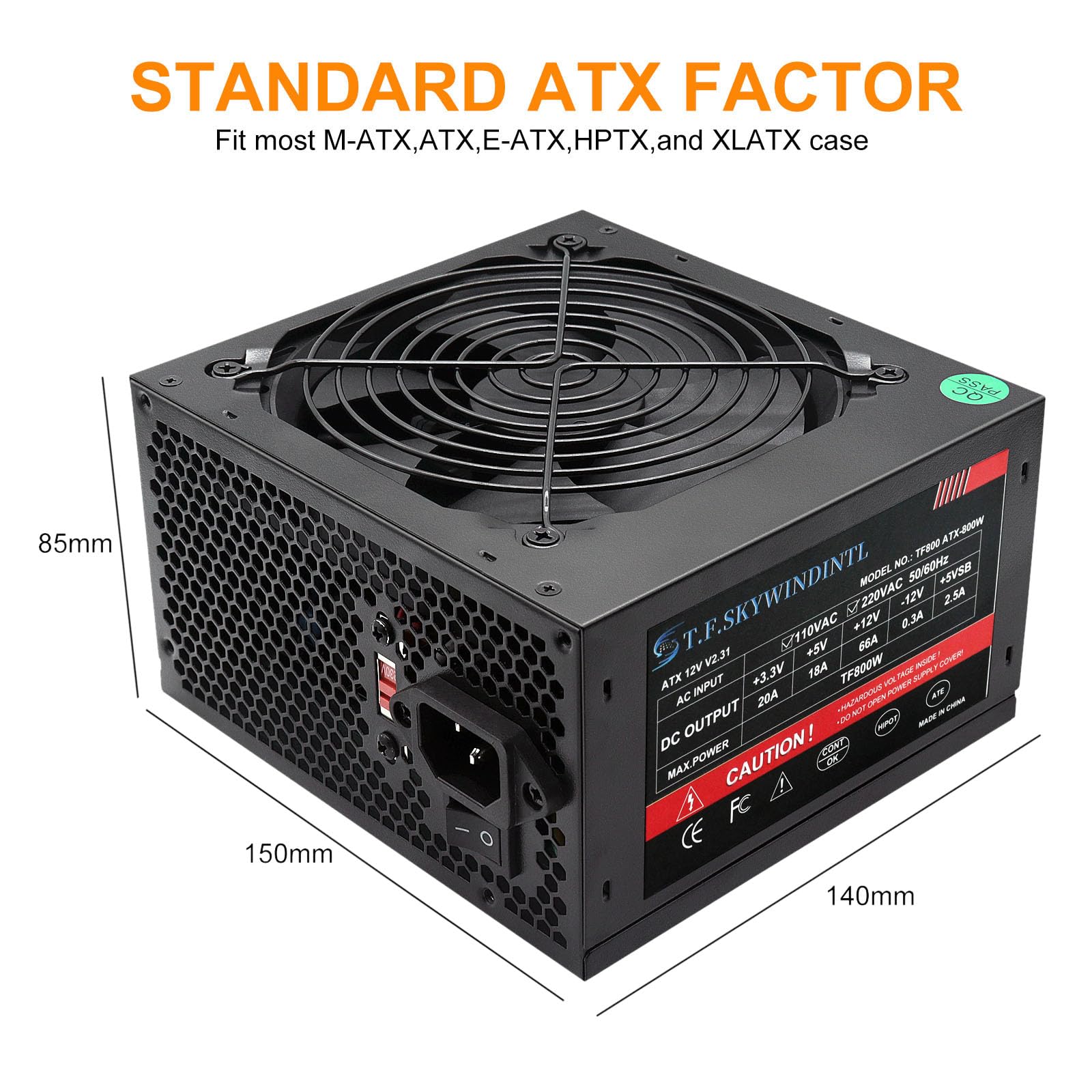 Alimentatore PSU Standard ATX da 800 W 80 Plus Gold PSU Alimentatore non modulare integrato 120 mm, ventola FDB ultra silenziosa con interruttore, 115/230 V
