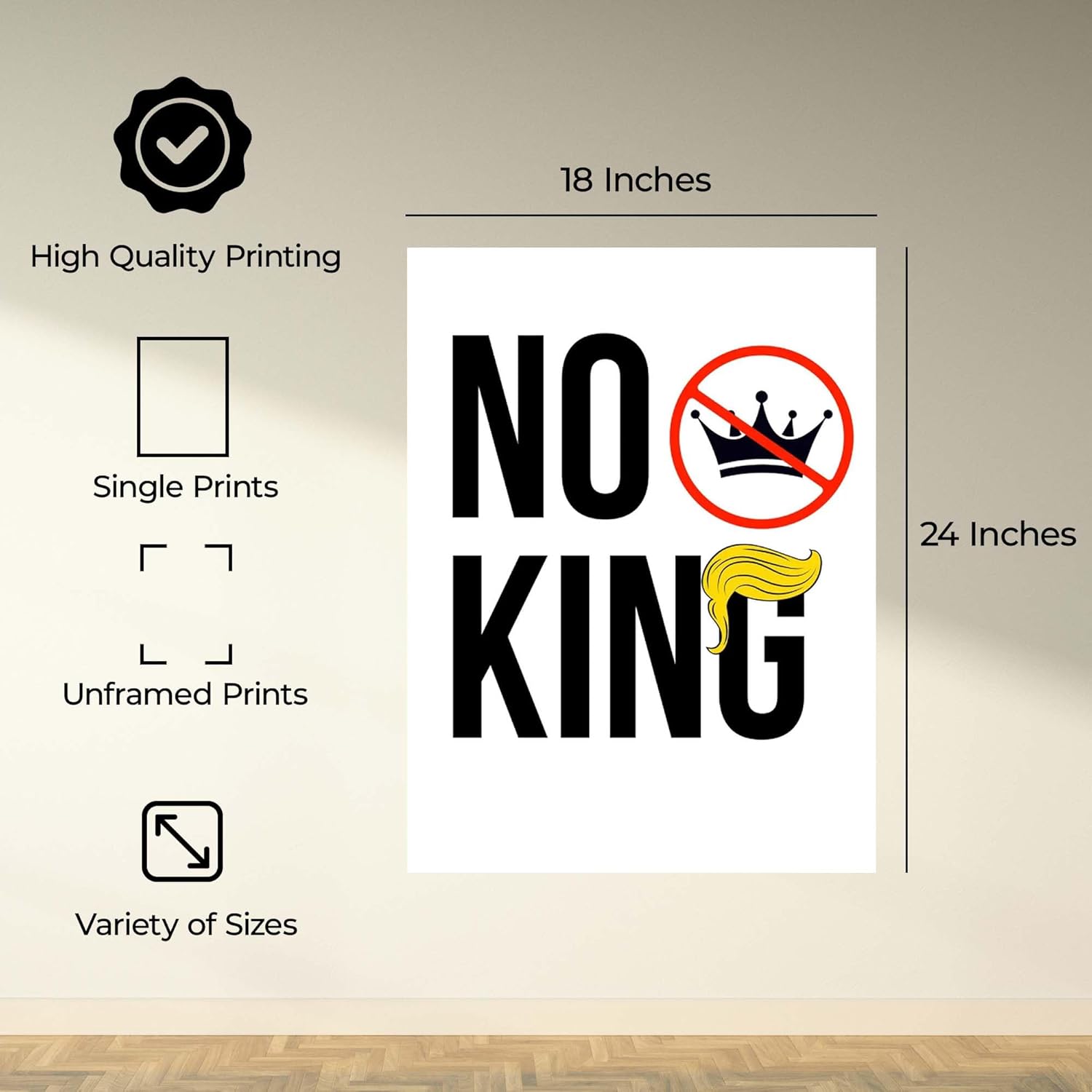 InkFlow Posters No King Poster - Bold Political Artwork for Statement Wall Art, Home, Living Room, Bedroom, or Office Décor - Strong Political Message - 18x24 Unframed Canvas Wall Art