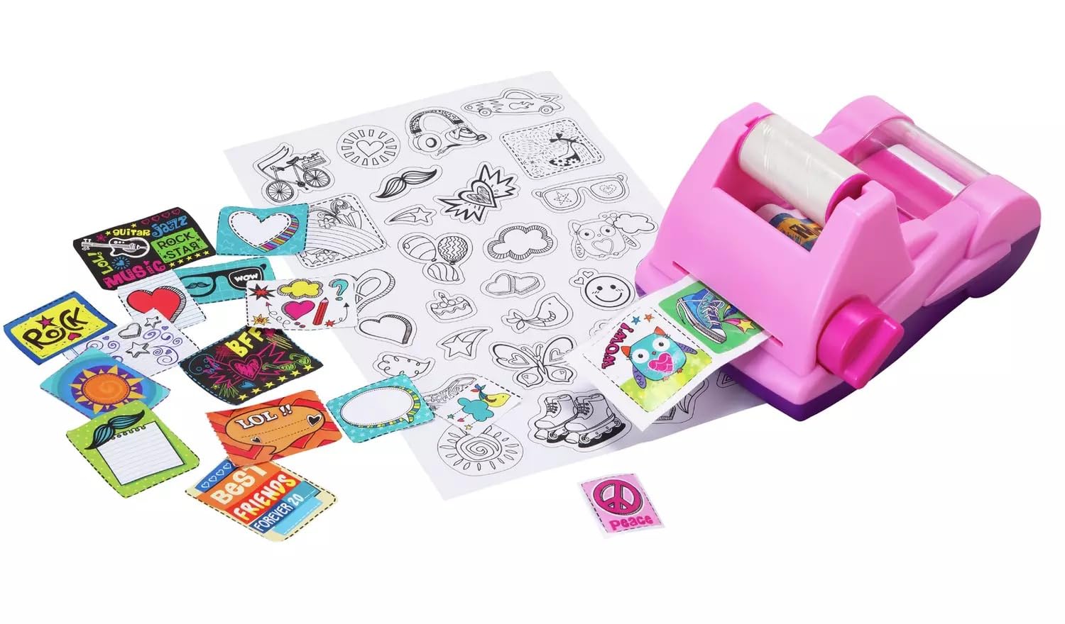 AIDNI Be U Make Your Own Stickers Machine, DIY Sticker Maker Kit with Coloring Pages and Decorative Elements, Pink Creative Arts and Crafts Set