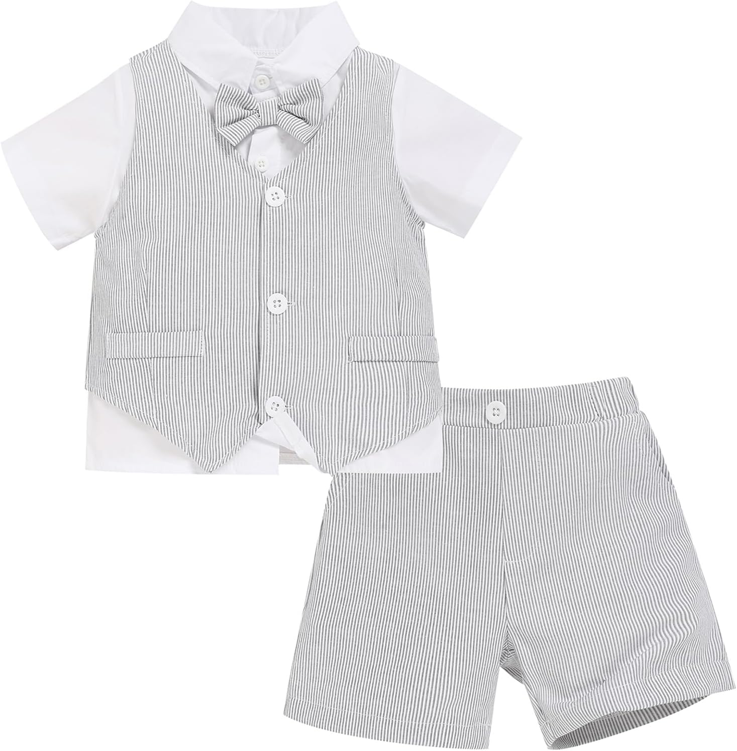 Toddler Boy Gentleman Outfits Short Sleeve Bowtie Shirt+Vest+Shorts Formal Wedding 3Pcs Suit Set