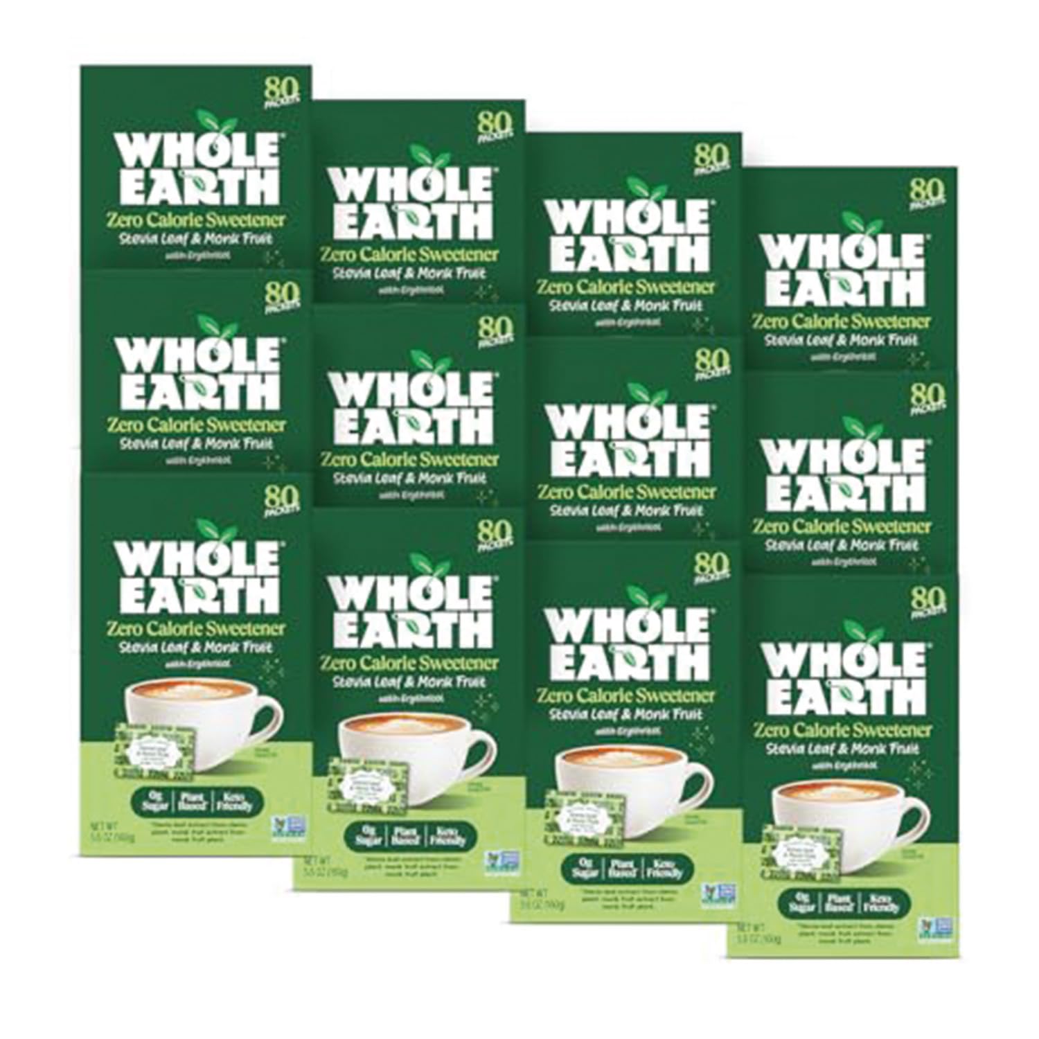 Whole Earth Sweetener Co. Stevia & Monk Fruit Sweetener, Erythritol Sweetener, Stevia Packets, Sugar Substitute, Natural Sweetener, 80 Count (Pack of 12), Packaging may vary