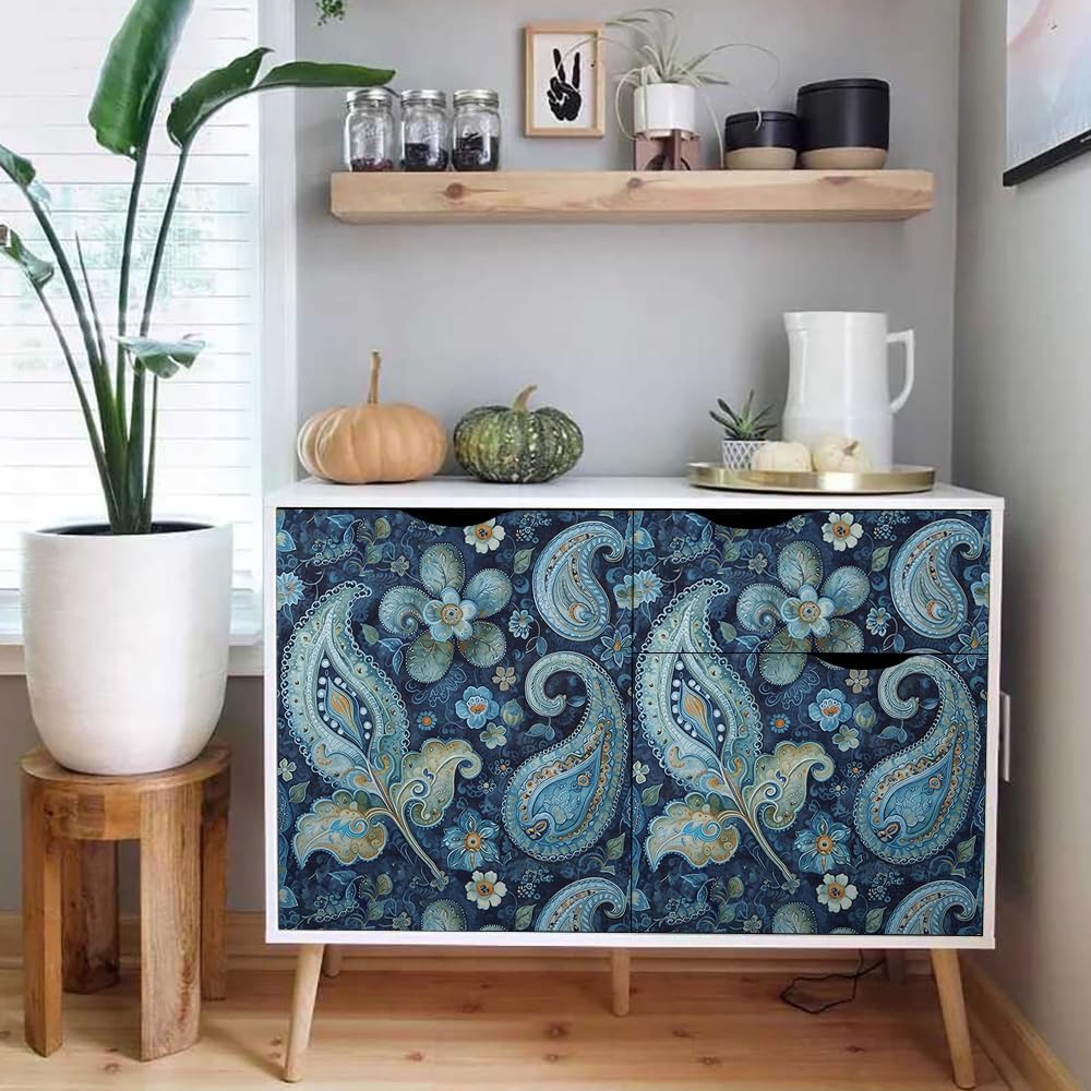 Watercolor Blue Navy Paisley Flower Vintage Peel and Stick Wallpaper Wall Decor Self Adhesive Wall Paper Stick on Easy Peel Off Contact for Renter Apartment