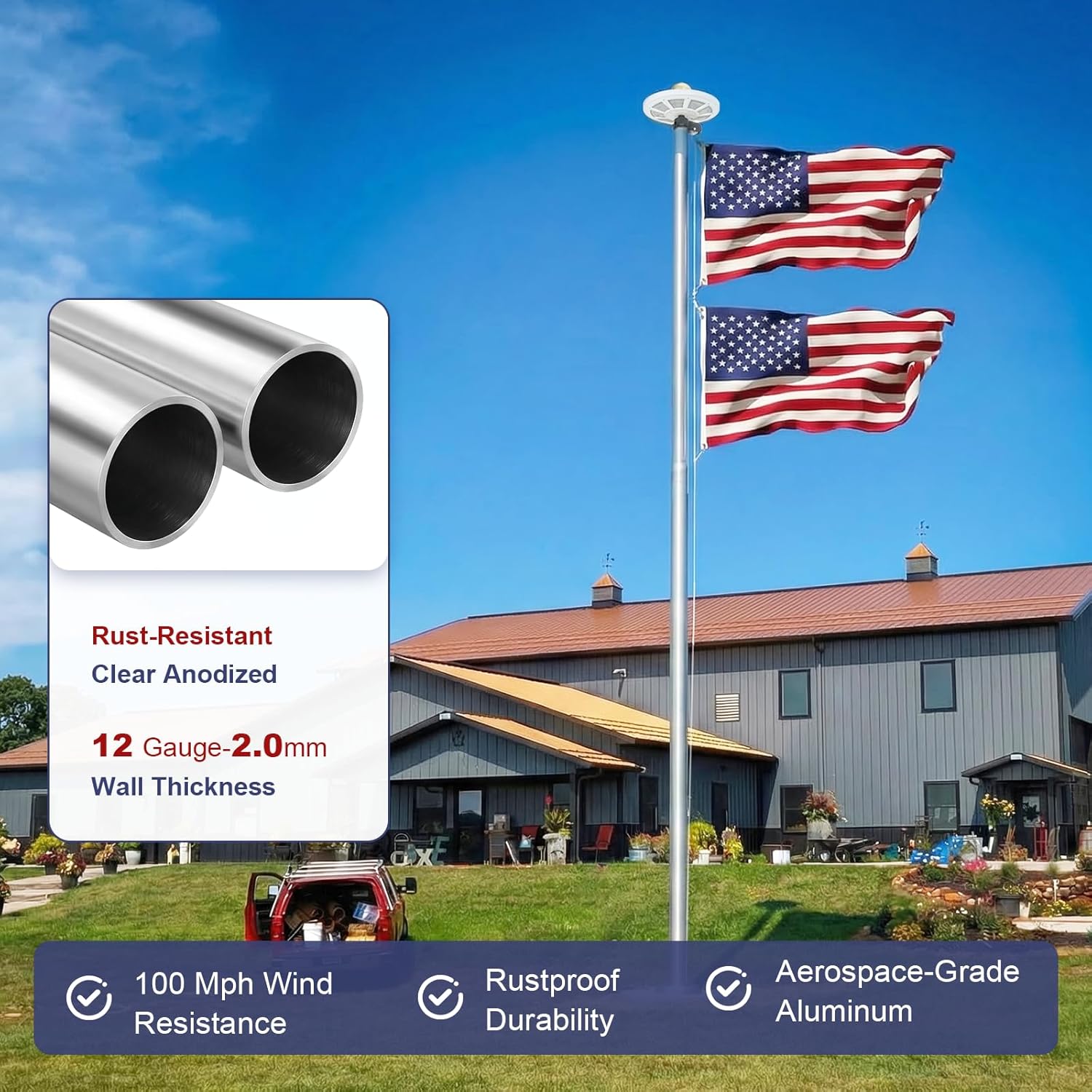 Heavy Duty Flag Pole Kit with 136 LED Ultra Bright Solar Light, 25FT 12 Gauge Thick Flagpole for Outside House in Ground, 300D Thickened USA Flag for Outdoor, 100 MPH Flagpole Kit, Silver