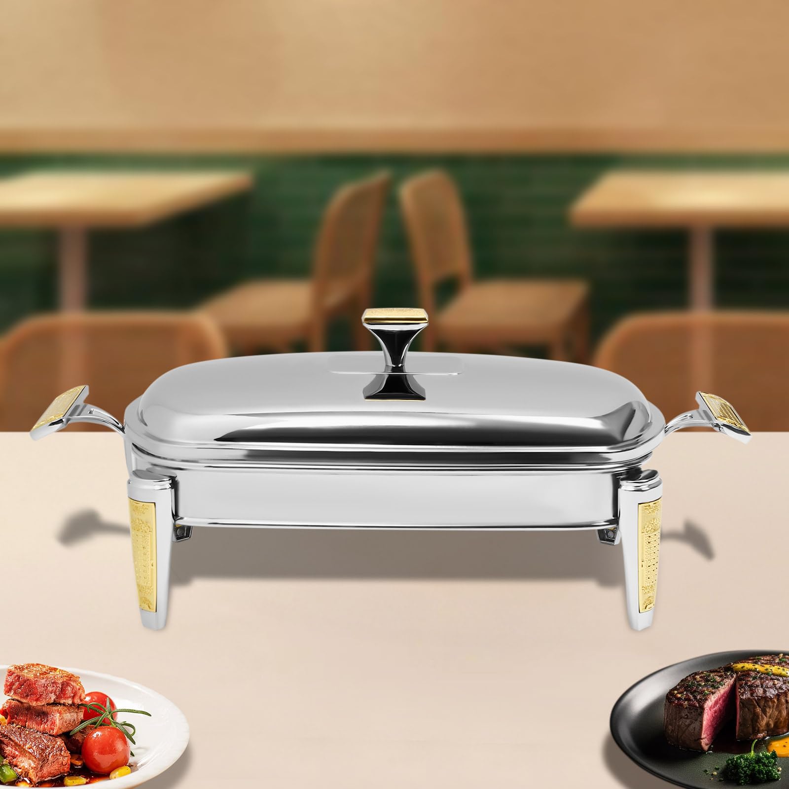Serbatoio per alimenti in vetro da 2,2 l, con padelle, rettangolare, per pasti, chafing dish gastro con coperchio, per catering, buffet e feste, accessori per buffet, argento