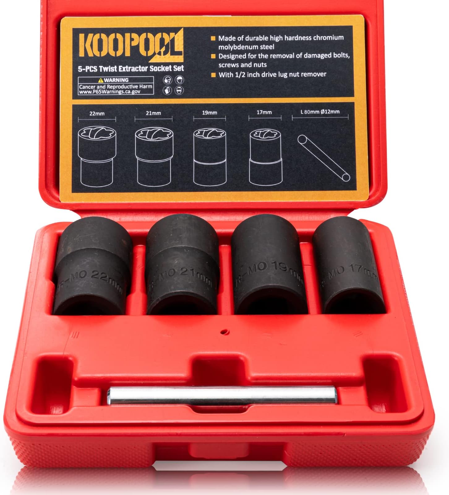 Twist Socket Set 5 Pcs Lug Nut Remover, Bolt Nut Extractor Set, Metric