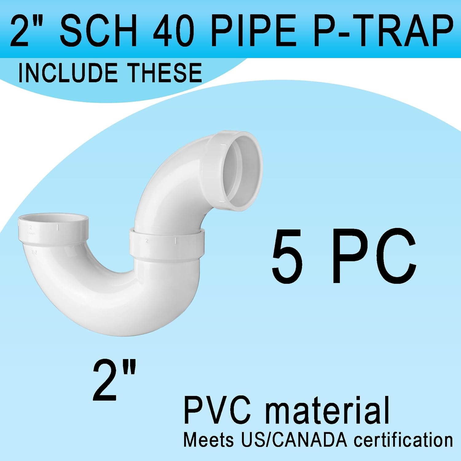 (2" PVC P-Trap, 5 Pack) Asterbacks 2 inch PVC P-Trap With Solvent Weld Joint Schedule 40 White Pipe Fittings Connectors PPT-222(5 PCS)