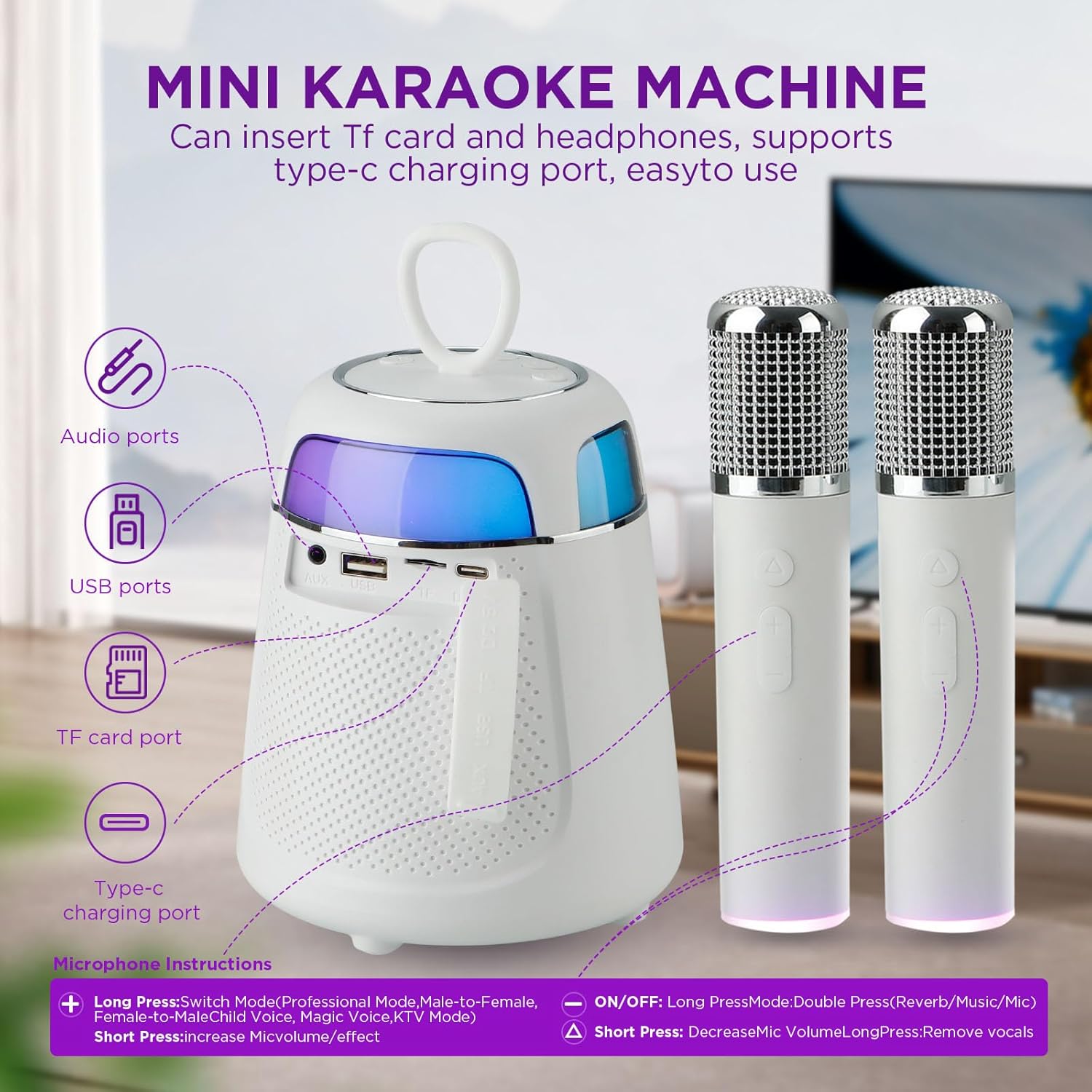 Mini Karaoke Machine with 2 Wireless Microphones, Portable Karaoke Machine for Kids & Adults, 10W Bluetooth Speaker with Voice Changer, Lights, Supports USB/TF/AUX - Image 6