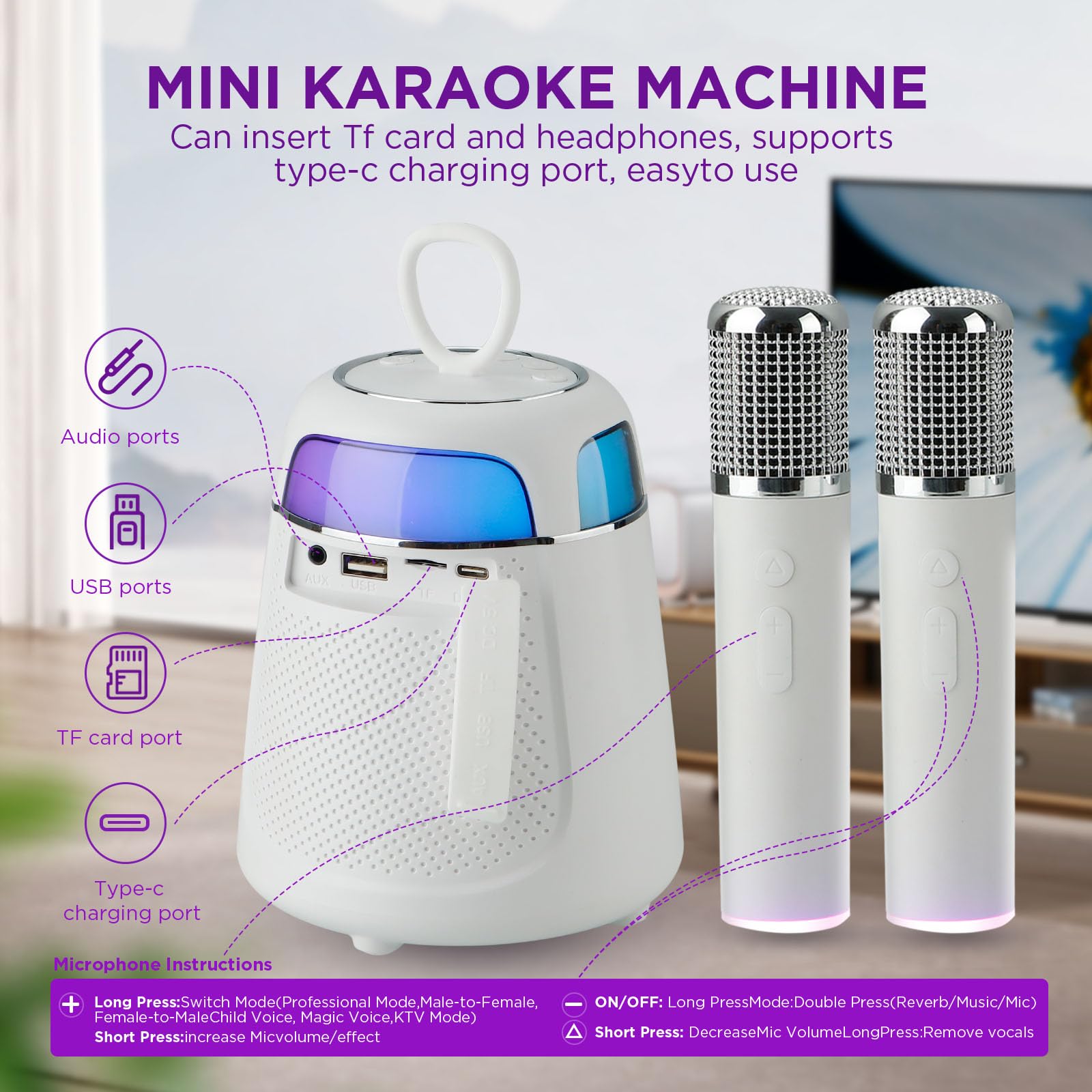 Mini máquina de karaoke, altavoz Bluetooth portátil con 2 micrófonos inalámbricos para adultos y niños, micrófono de karaoke con sistema PA compatible con USB/Tf/Aux para fiestas en casa