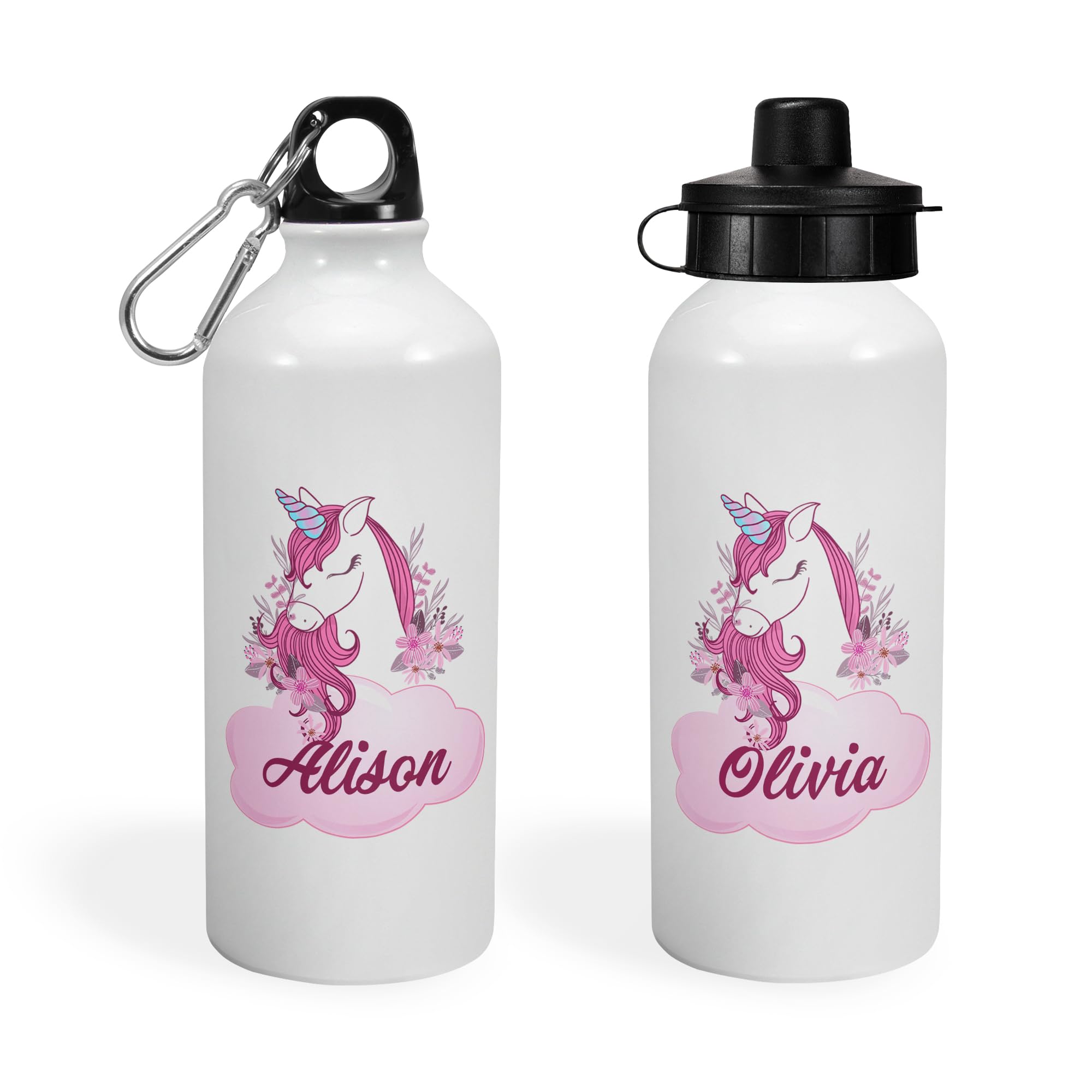 Print Maniacs Personalised Water Bottle School Sport Cap Drink White Silver 600ml or 400ml Aluminium Kid Boys Girls Biking Gift Unicorn (White, 400ml)